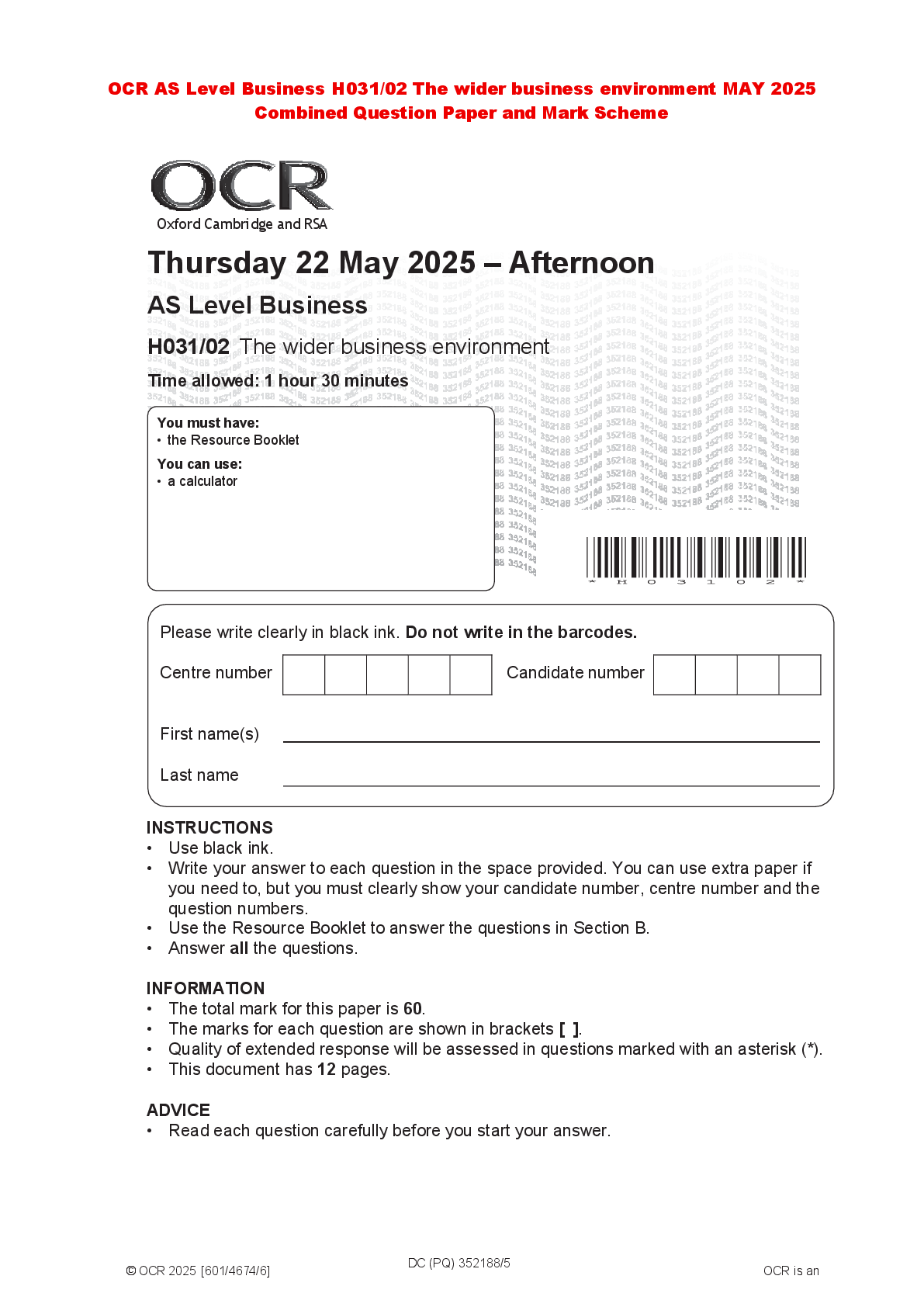 Recommended document preview for OCR AS Level Business H031/02 The wider business environment MAY 2025 Combined Question Paper and Mark Scheme