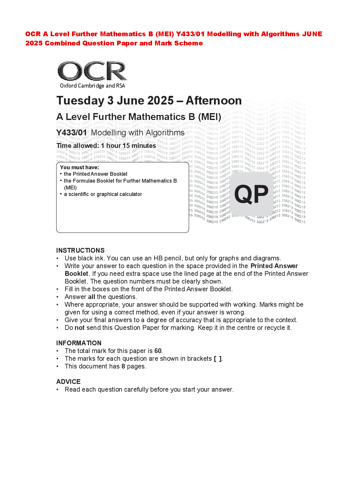 Preview of OCR A Level Further Mathematics B (MEI) Y433/01 Modelling with Algorithms JUNE 2025 Combin