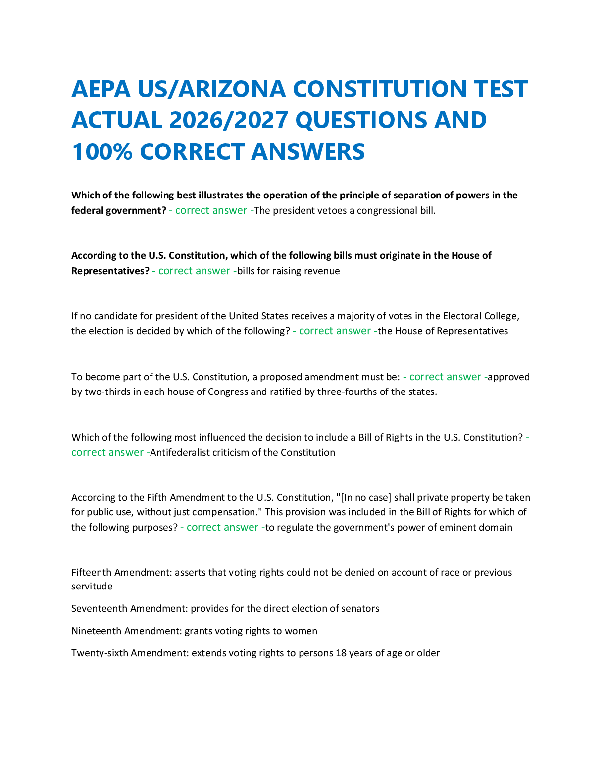 Recommended document preview for AEPA US/ARIZONA CONSTITUTION TEST  ACTUAL 2026/2027 QUESTIONS AND  100% CORRECT ANSWERS