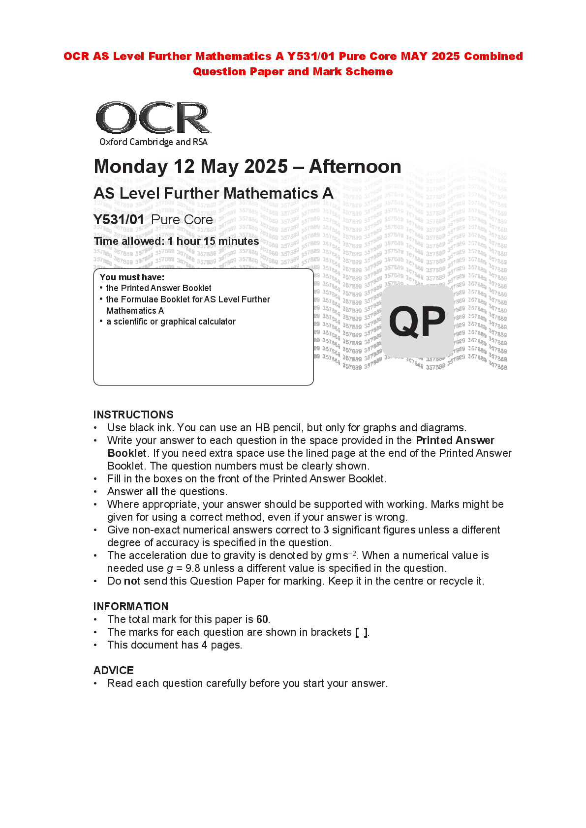 Recommended document preview for OCR AS Level Further Mathematics A Y531/01 Pure Core MAY 2025 Combined Question Paper and Mark Scheme
