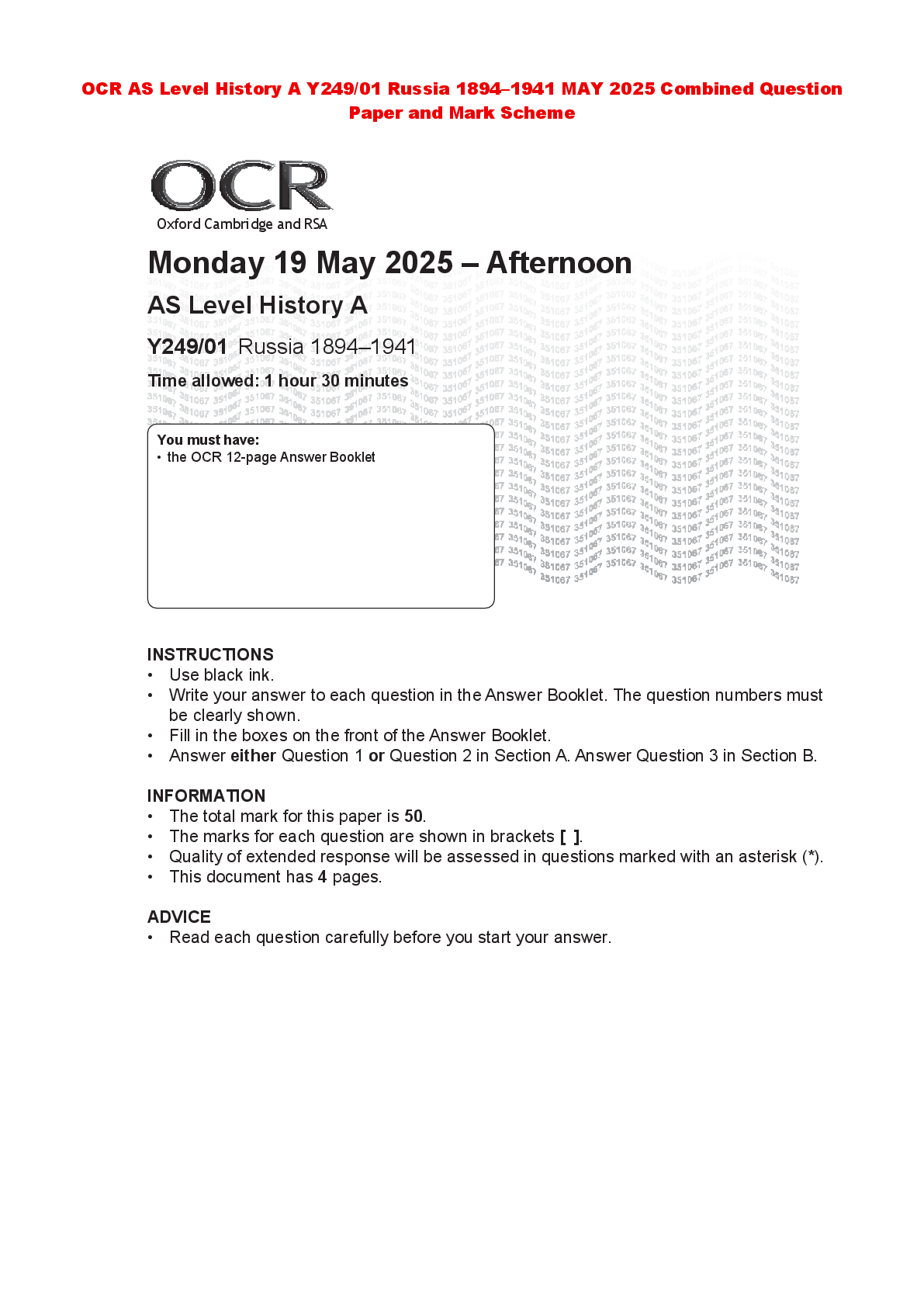 Preview of OCR AS Level History A Y249/01 Russia 1894–1941 MAY 2025 Combined Question Paper and Mark