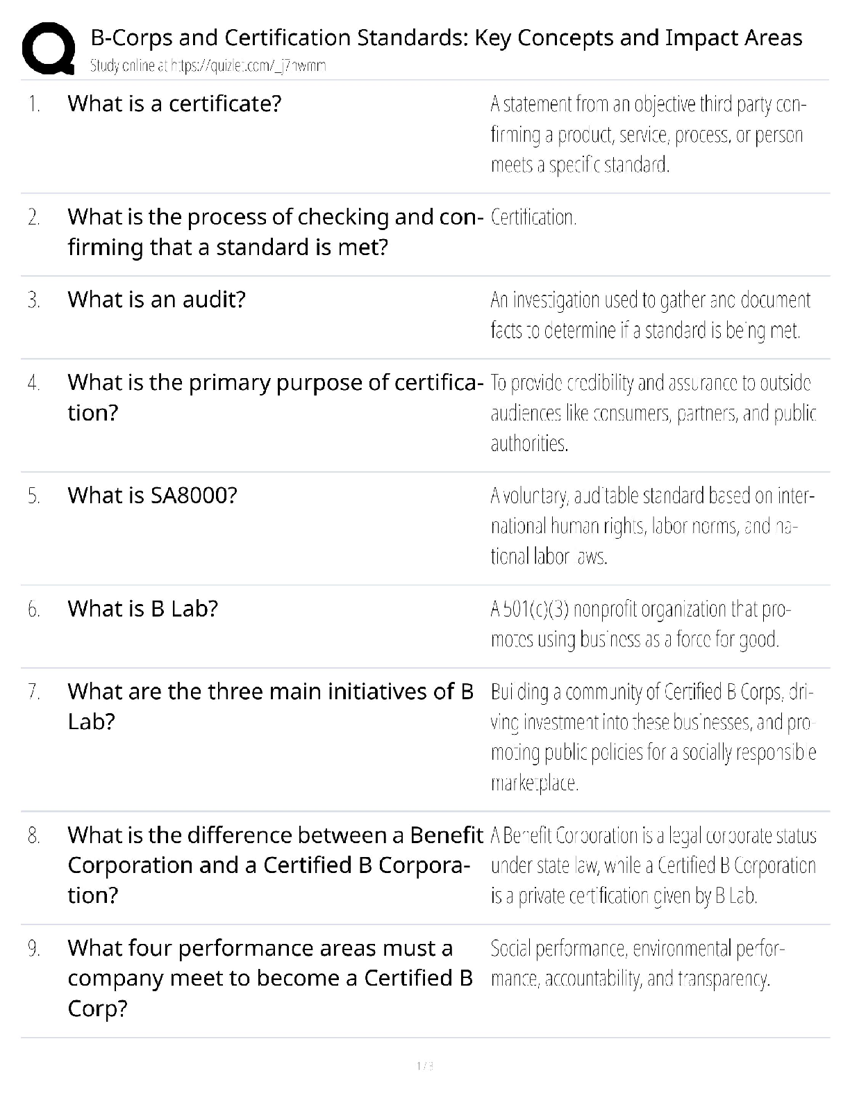 Recommended document preview for B-Corps certification standards / score 100% / 2025 update / key concepts impact areas study guide