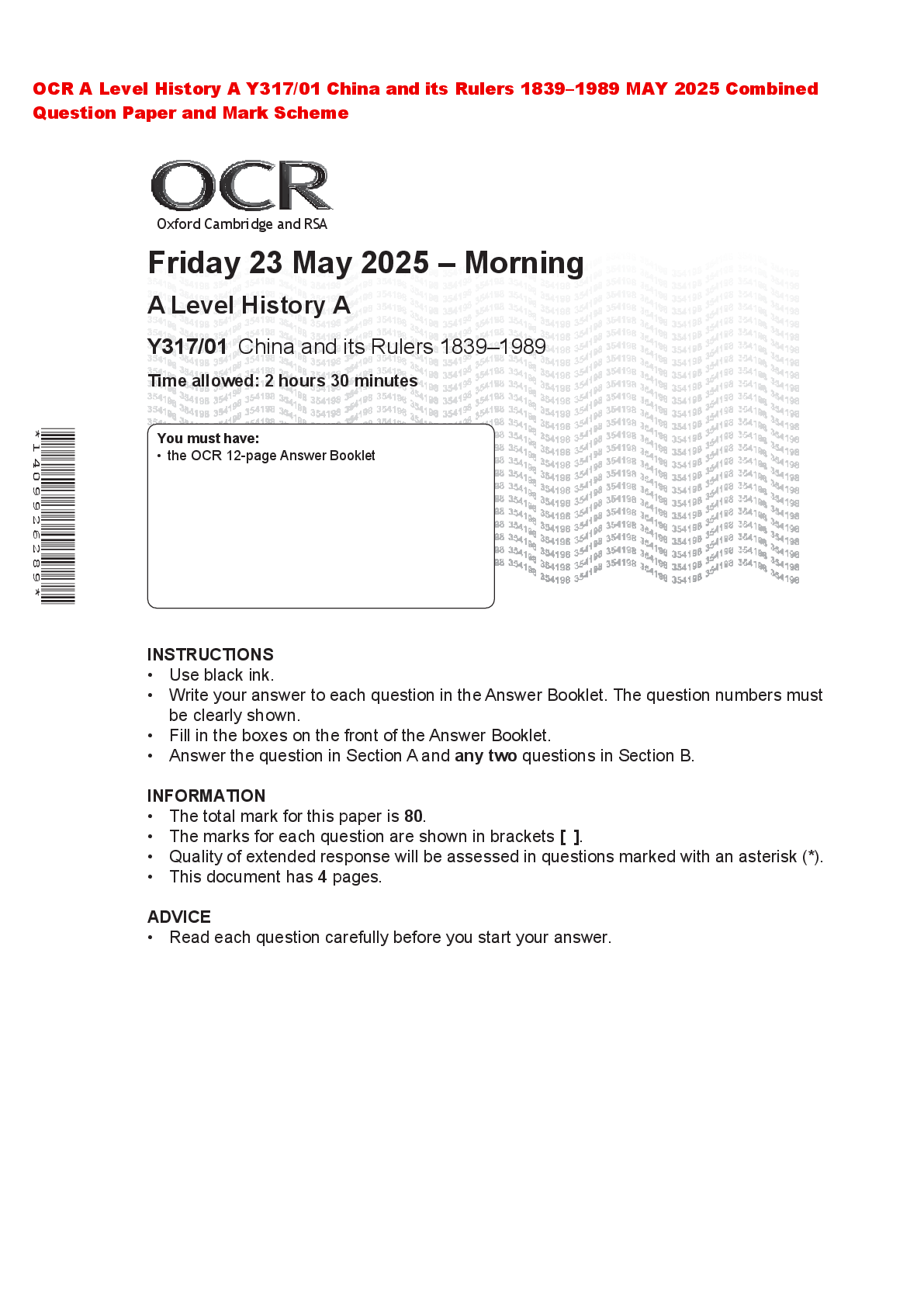 Recommended document preview for OCR A Level History A Y317/01 China and its Rulers 1839–1989 MAY 2025 Combined Question Paper and Mark Scheme