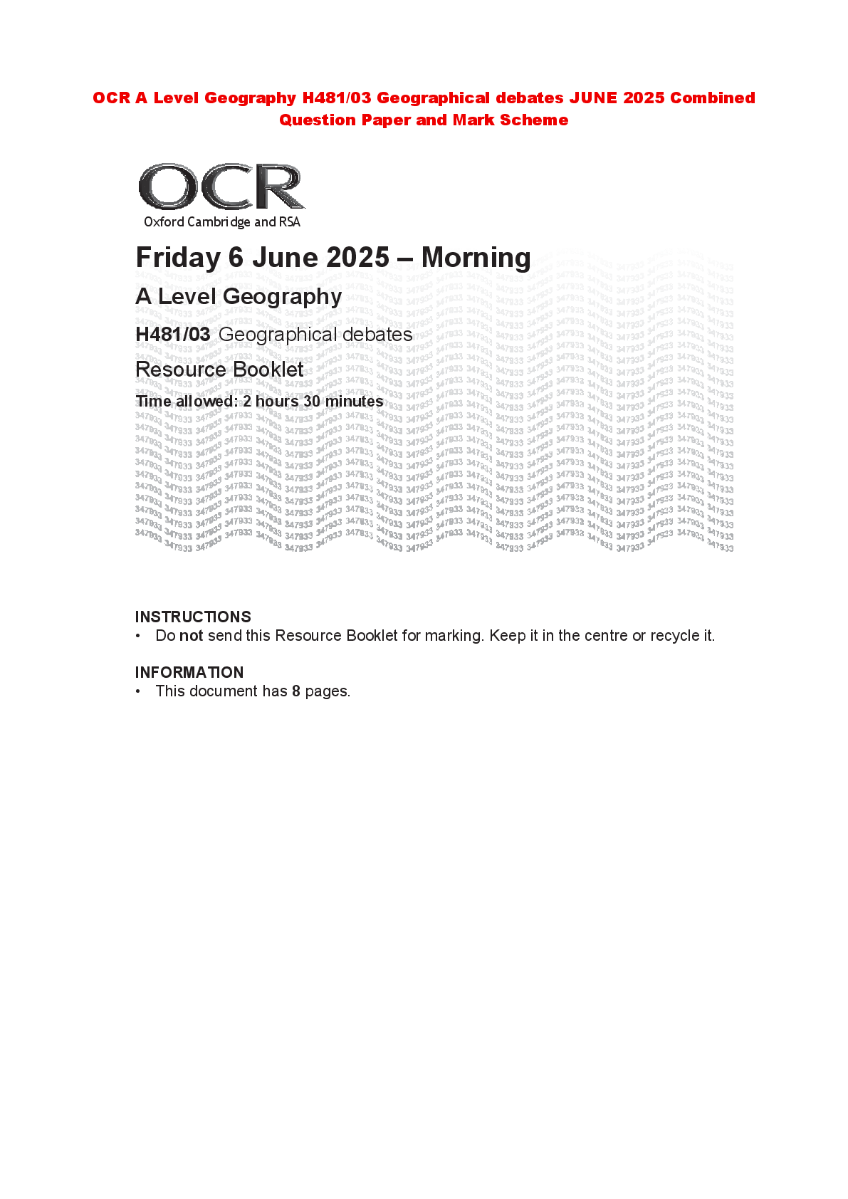Preview of A Level Geography H481/03 Geographical debates Resource Booklet