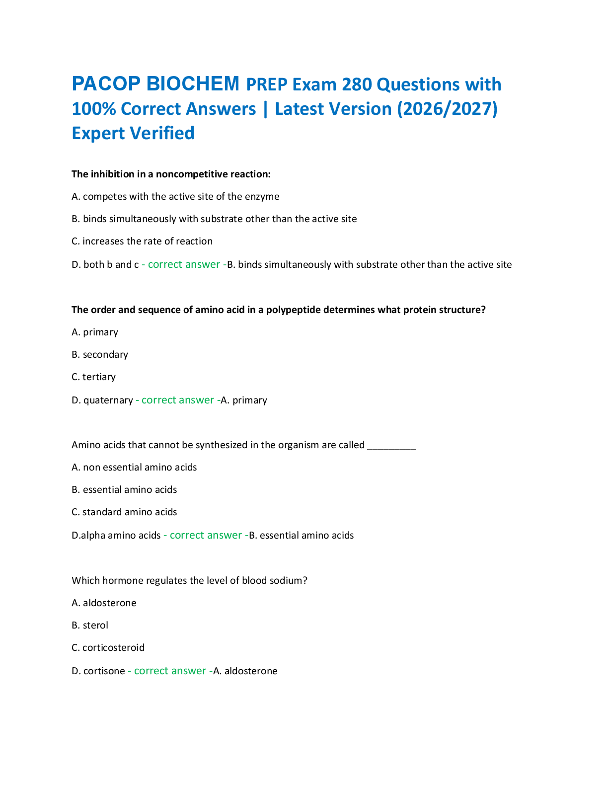 Recommended document preview for PACOP BIOCHEM PREP Exam 280 Questions with  100% Correct Answers | Latest Version (2026/2027)  Expert Verified