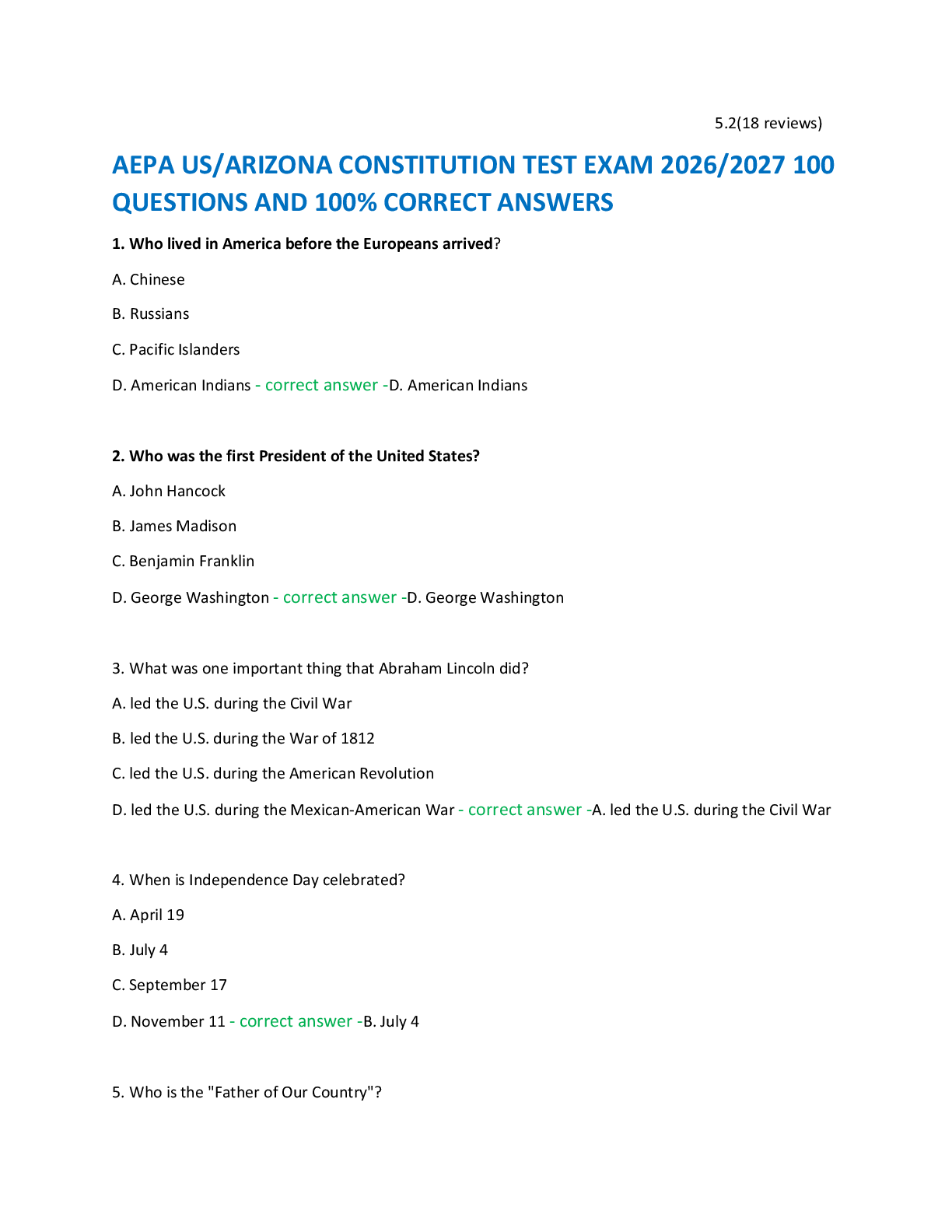 Recommended document preview for AEPA US/ARIZONA CONSTITUTION TEST EXAM 2026/2027 100  QUESTIONS AND 100% CORRECT ANSWERS