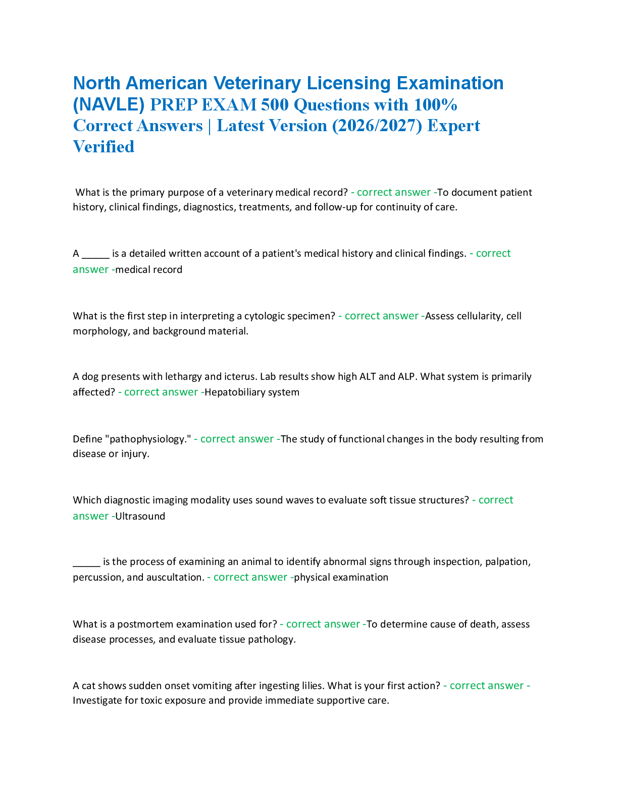 Recommended document preview for North American Veterinary Licensing Examination  (NAVLE) PREP EXAM 500 Questions with 100%  Correct Answers | Latest Version (2026/2027) Expert  Verified