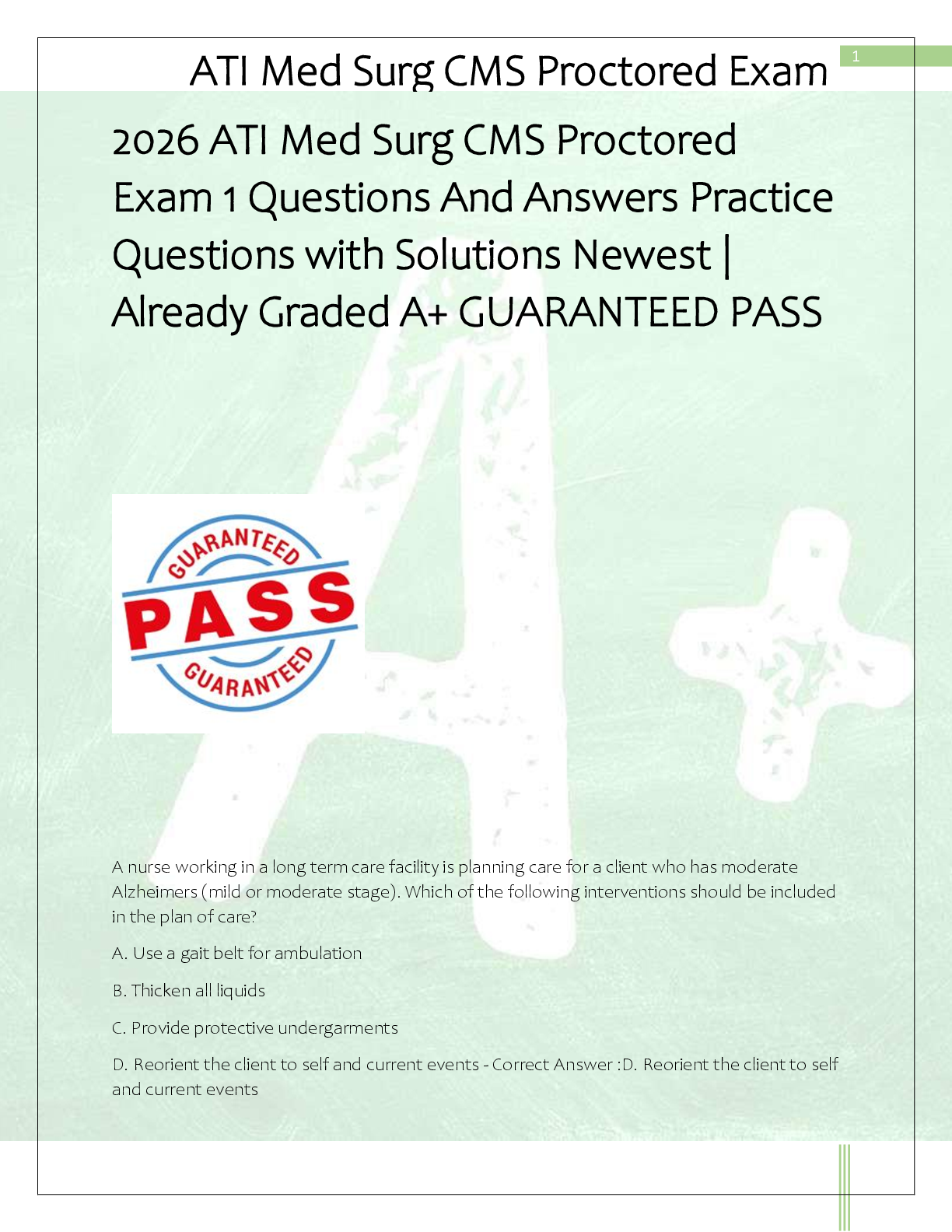 Preview of 2026 ATI Med Surg CMS Proctored  Exam 1 Questions And Answers Practice  Questions with Sol