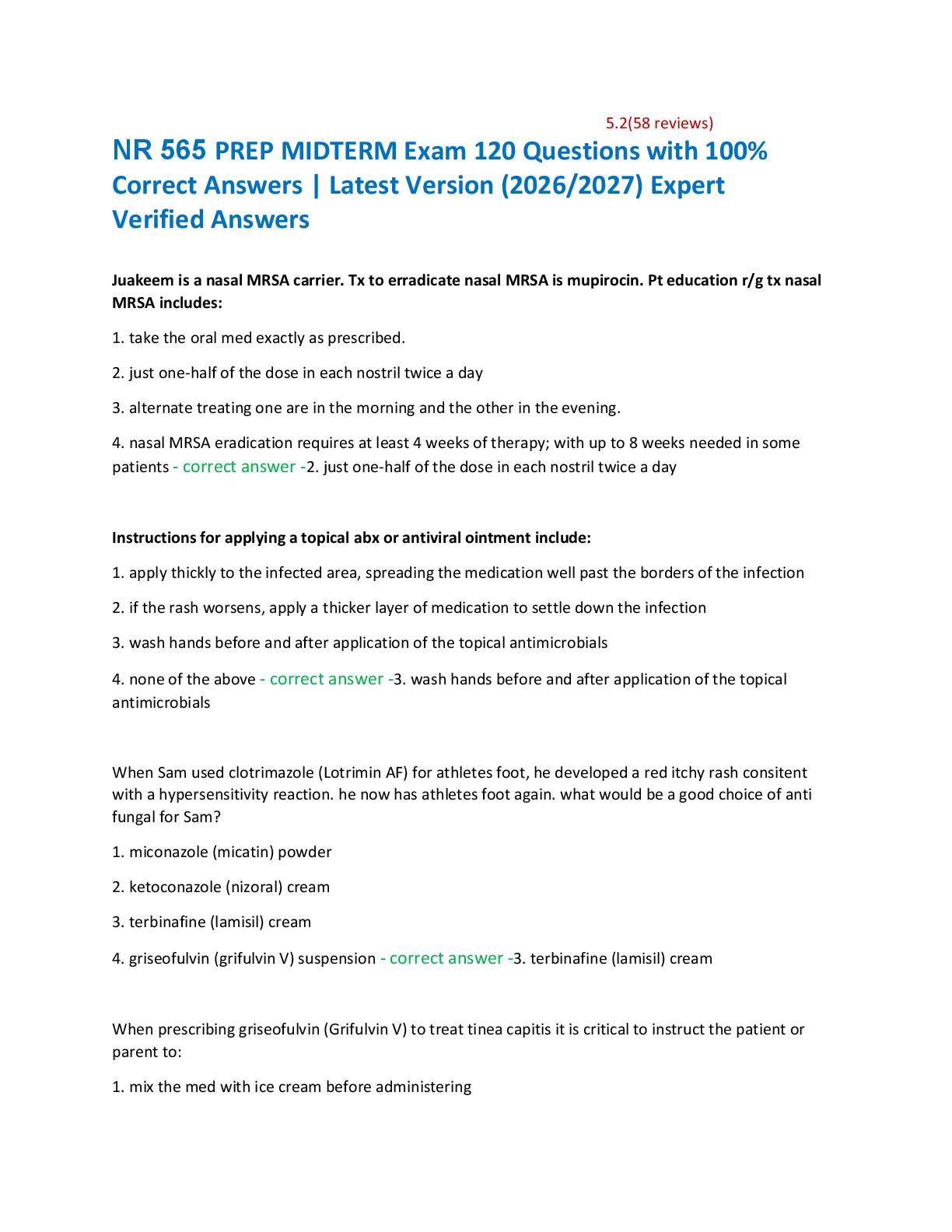 Recommended document preview for NR 565 PREP MIDTERM Exam 120 Questions with 100%  Correct Answers | Latest Version (2026/2027) Expert  Verified Answers