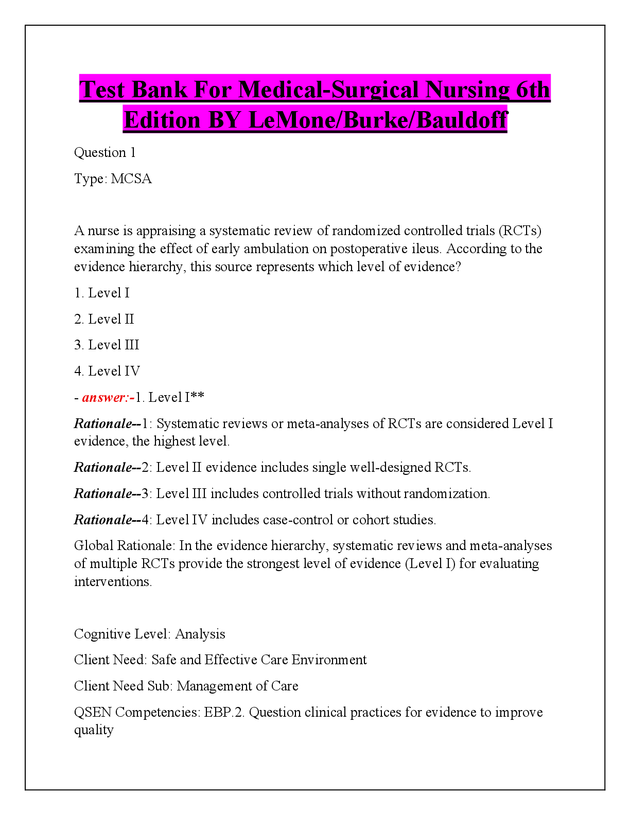Preview of Test Bank For Medical-Surgical Nursing 6th  Edition BY LeMone/Burke/Bauldoff
