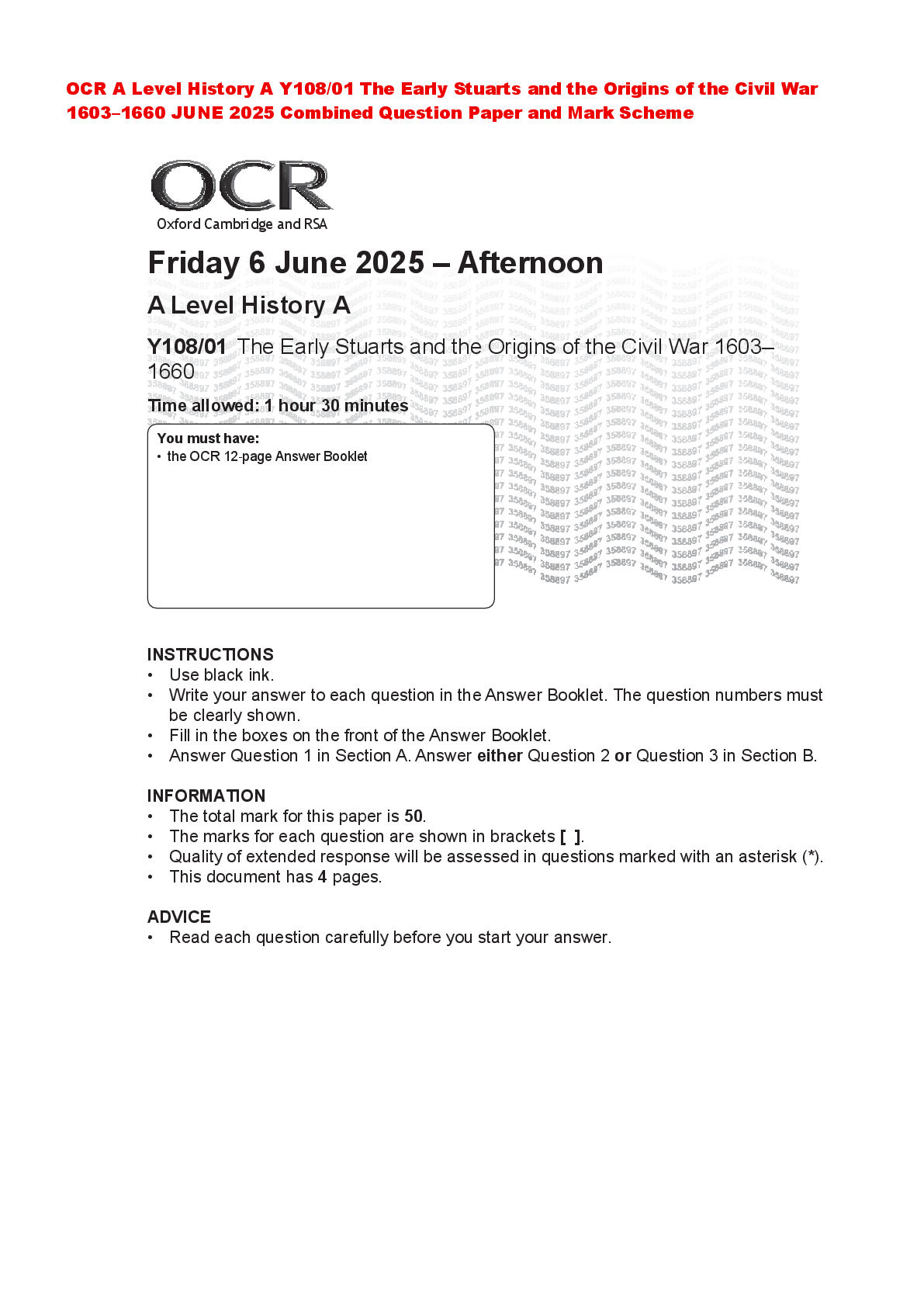 Recommended document preview for OCR A Level History A Y108/01 The Early Stuarts and the Origins of the Civil War 1603–1660 JUNE 2025 Combined Question Paper and Mark Scheme