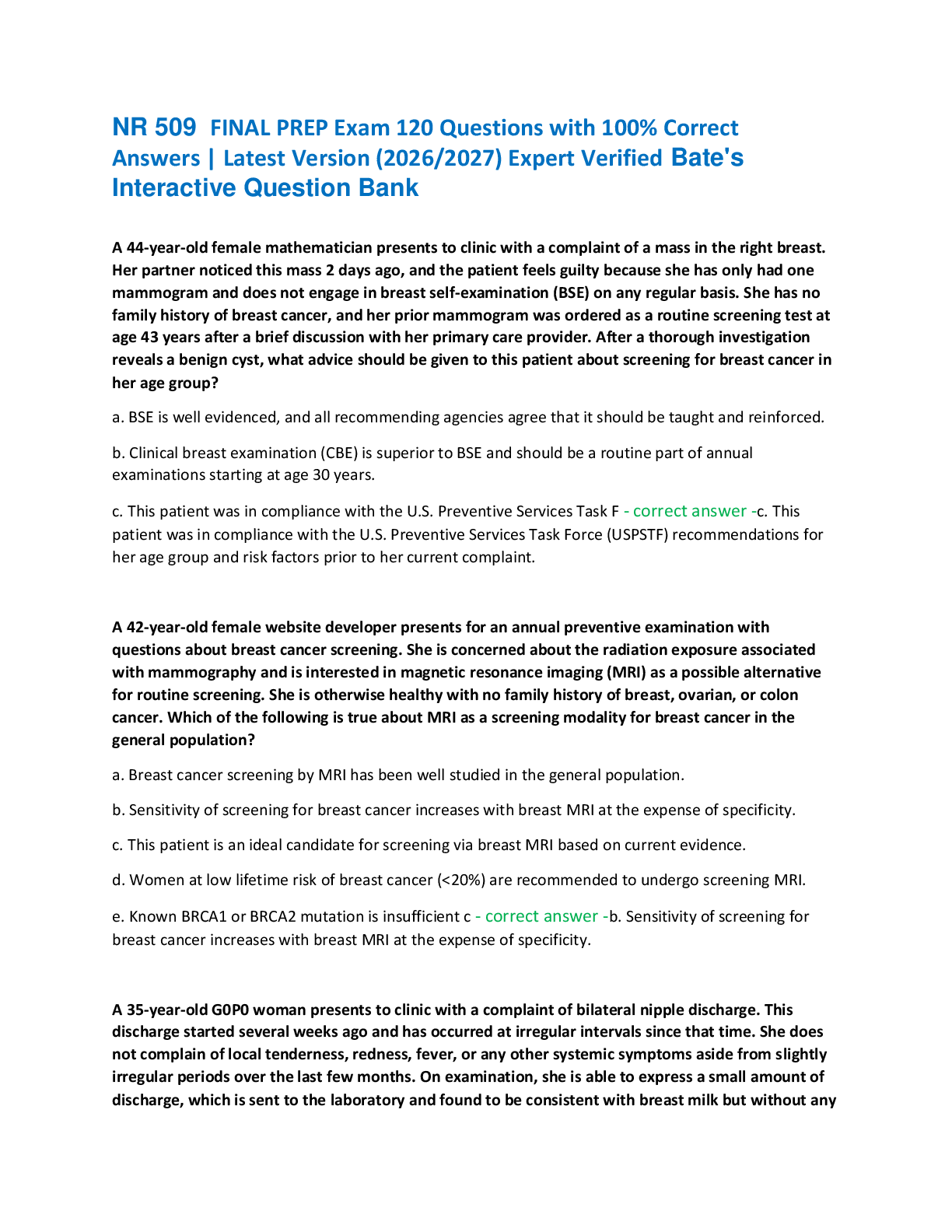 Recommended document preview for NR 509  FINAL PREP Exam 120 Questions with 100% Correct  Answers | Latest Version (2026/2027) Expert Verified Bate's  Interactive Question Bank