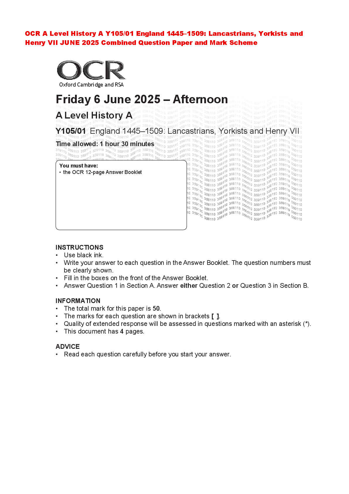 Preview of OCR A Level History A Y105/01 England 1445–1509: Lancastrians, Yorkists and Henry VII JUNE