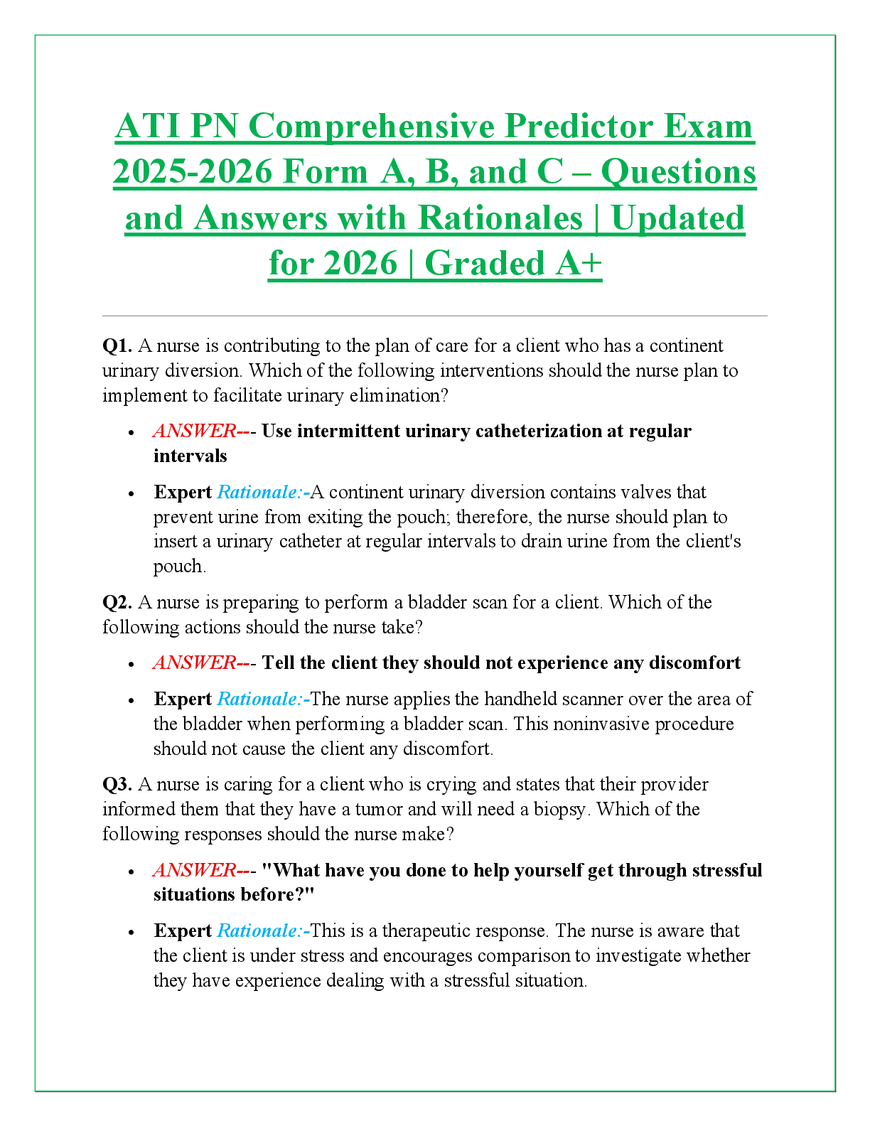 Recommended document preview for ATI PN Comprehensive Predictor Exam  2025-2026 Form A, B, and C – Questions  and Answers with Rationales | Updated  for 2026 | Graded A+