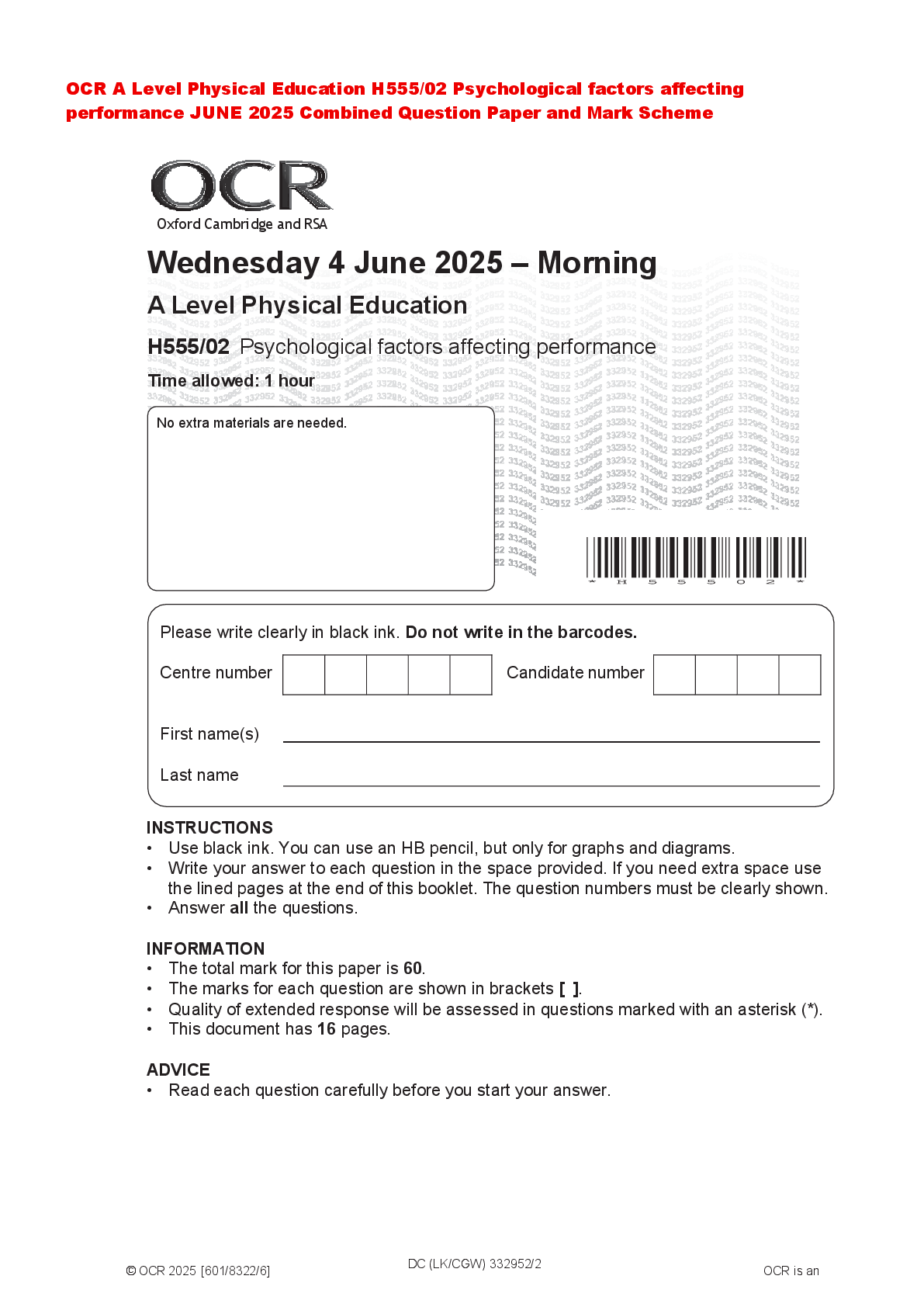 Recommended document preview for OCR A Level Physical Education H555/02 Psychological factors affecting performance JUNE 2025 Combined Question Paper and Mark Scheme