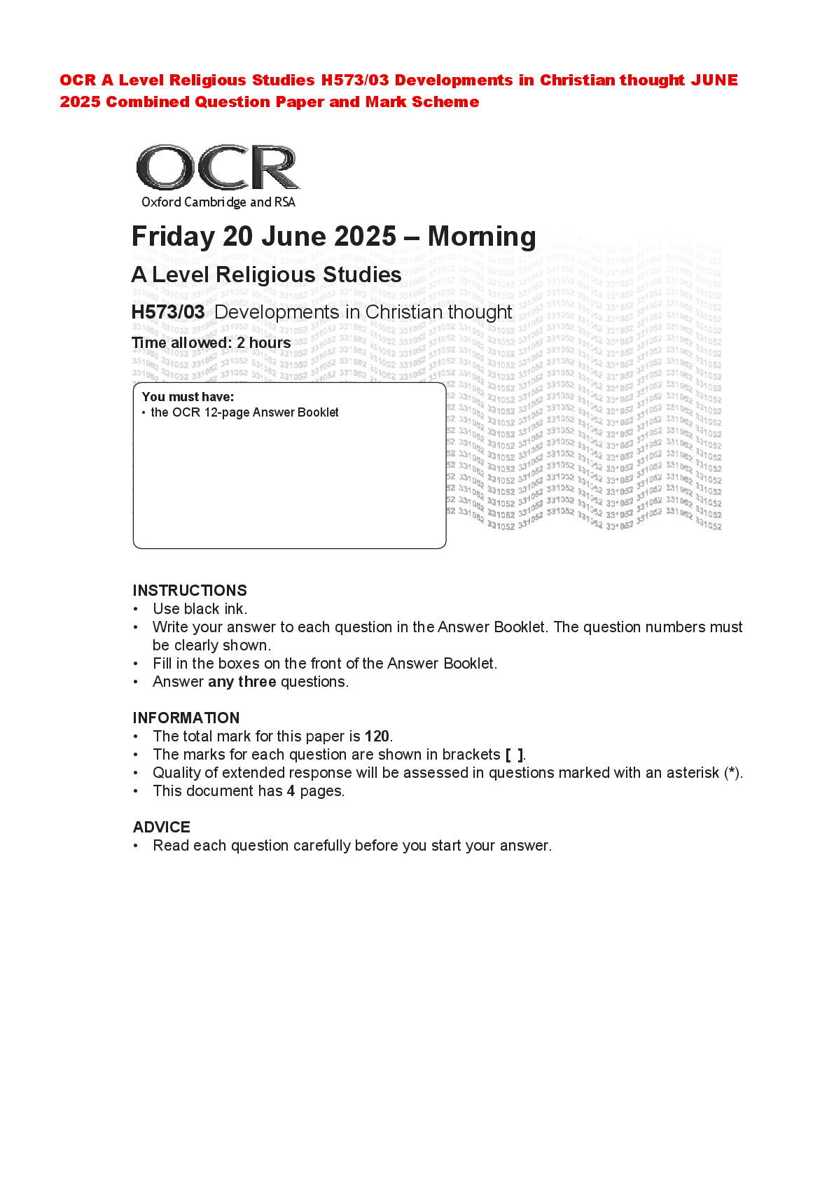 Recommended document preview for OCR A Level Religious Studies H573/03 Developments in Christian thought JUNE 2025 Combined Question Paper and Mark Scheme