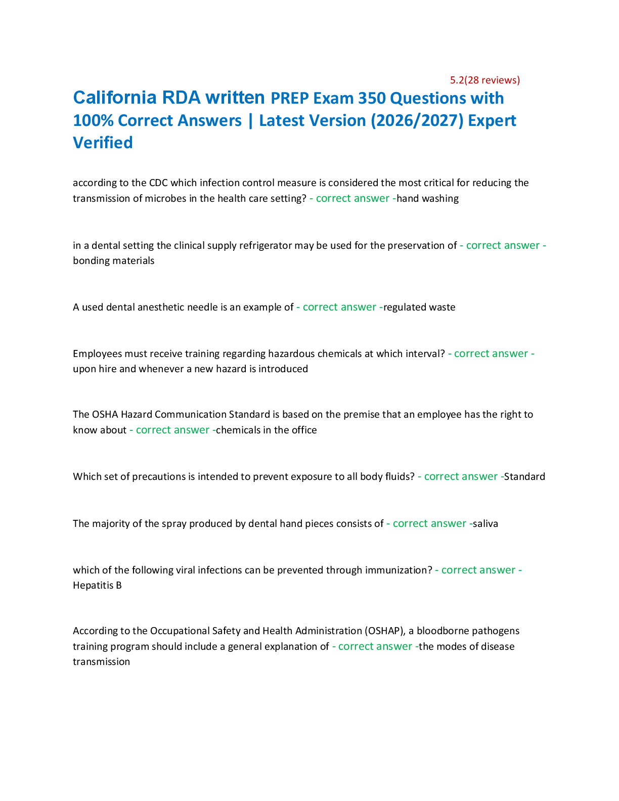 Recommended document preview for California RDA written PREP Exam 350 Questions with  100% Correct Answers | Latest Version (2026/2027) Expert  Verified
