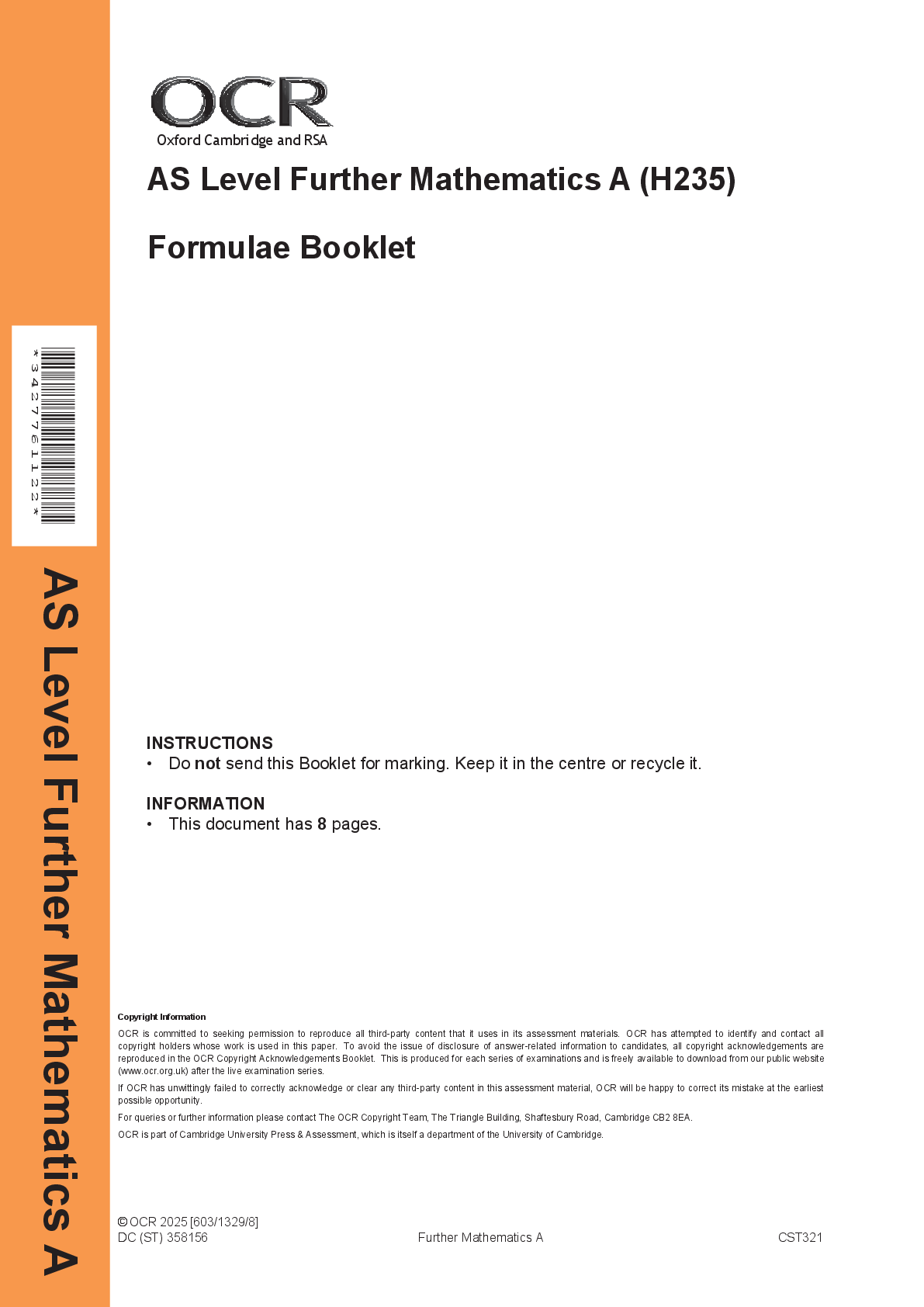 Preview of AS Level Further Mathematics A (H235) Formulae Booklet