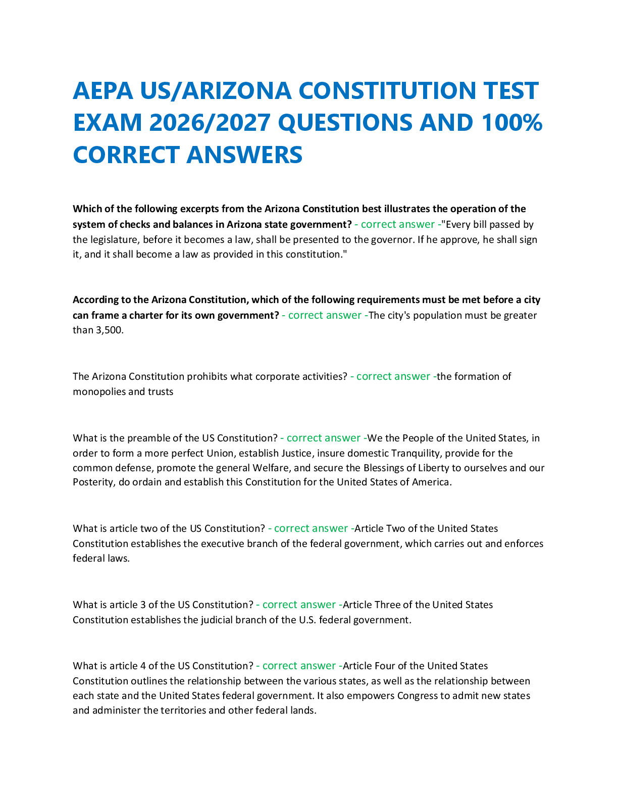 Recommended document preview for AEPA US/ARIZONA CONSTITUTION TEST  EXAM 2026/2027 QUESTIONS AND 100%  CORRECT ANSWERS