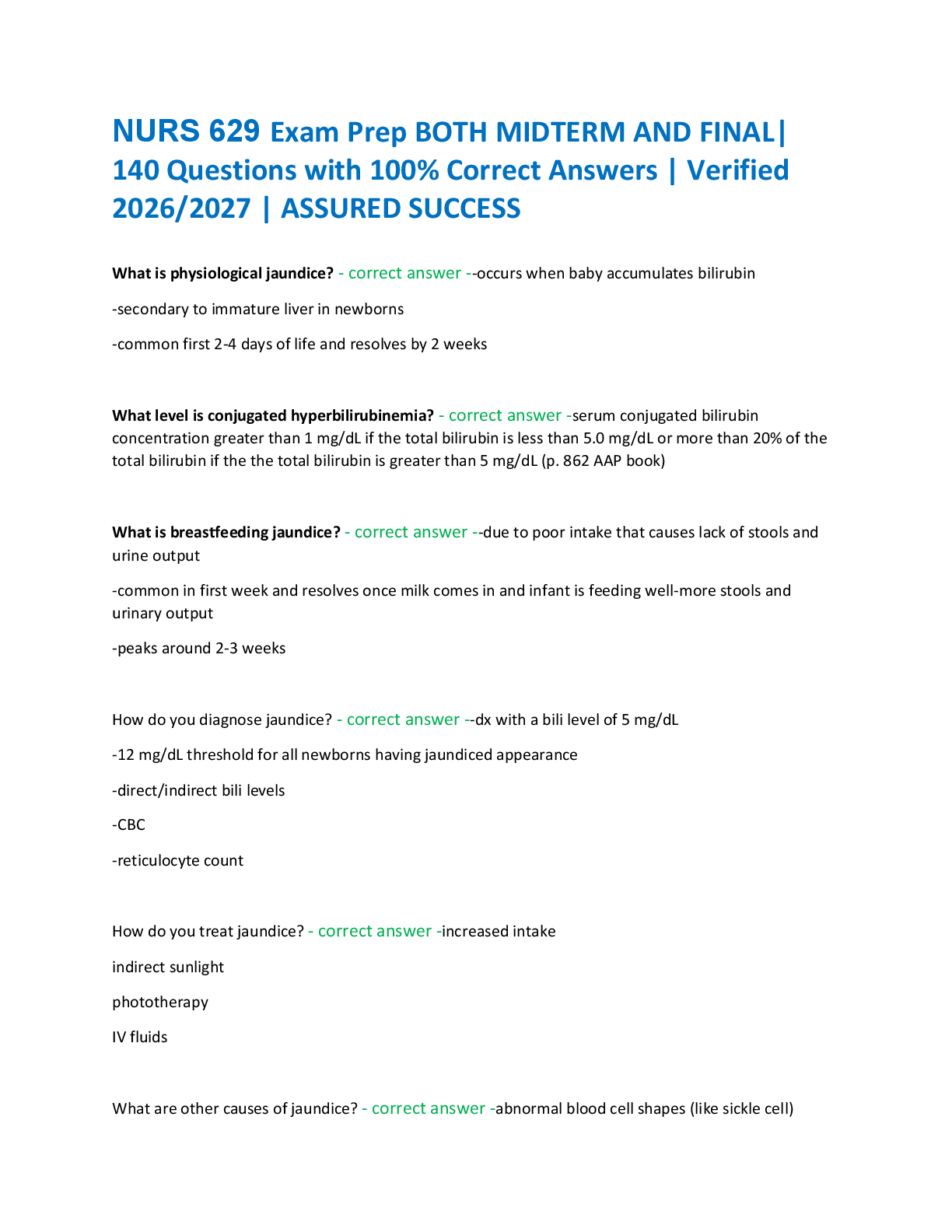 Recommended document preview for NURS 629 Exam Prep BOTH MIDTERM AND FINAL|  140 Questions with 100% Correct Answers | Verified  2026/2027 | ASSURED SUCCESS