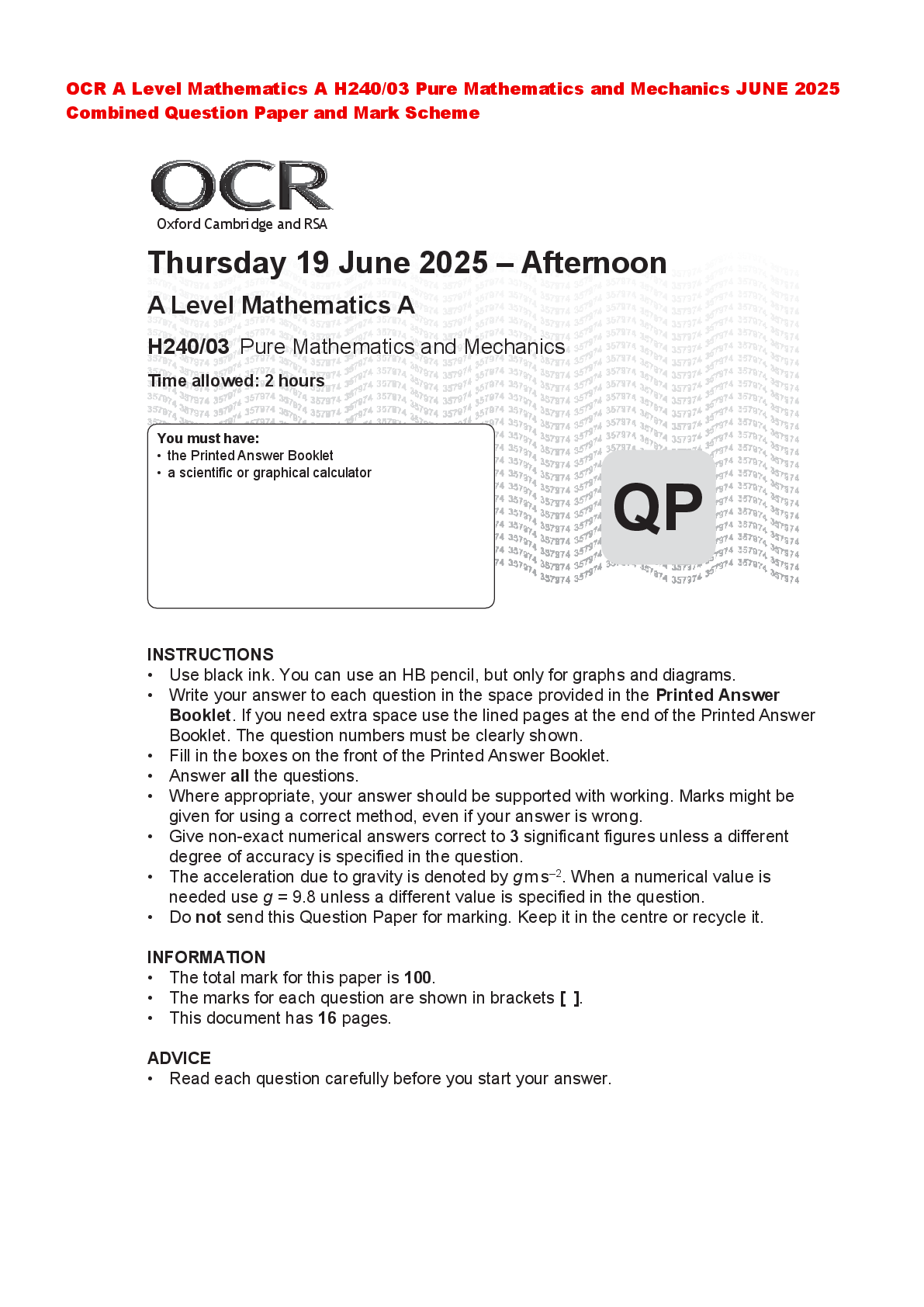 Preview of OCR A Level Mathematics A H240/03 Pure Mathematics and Mechanics JUNE 2025 Combined Questi