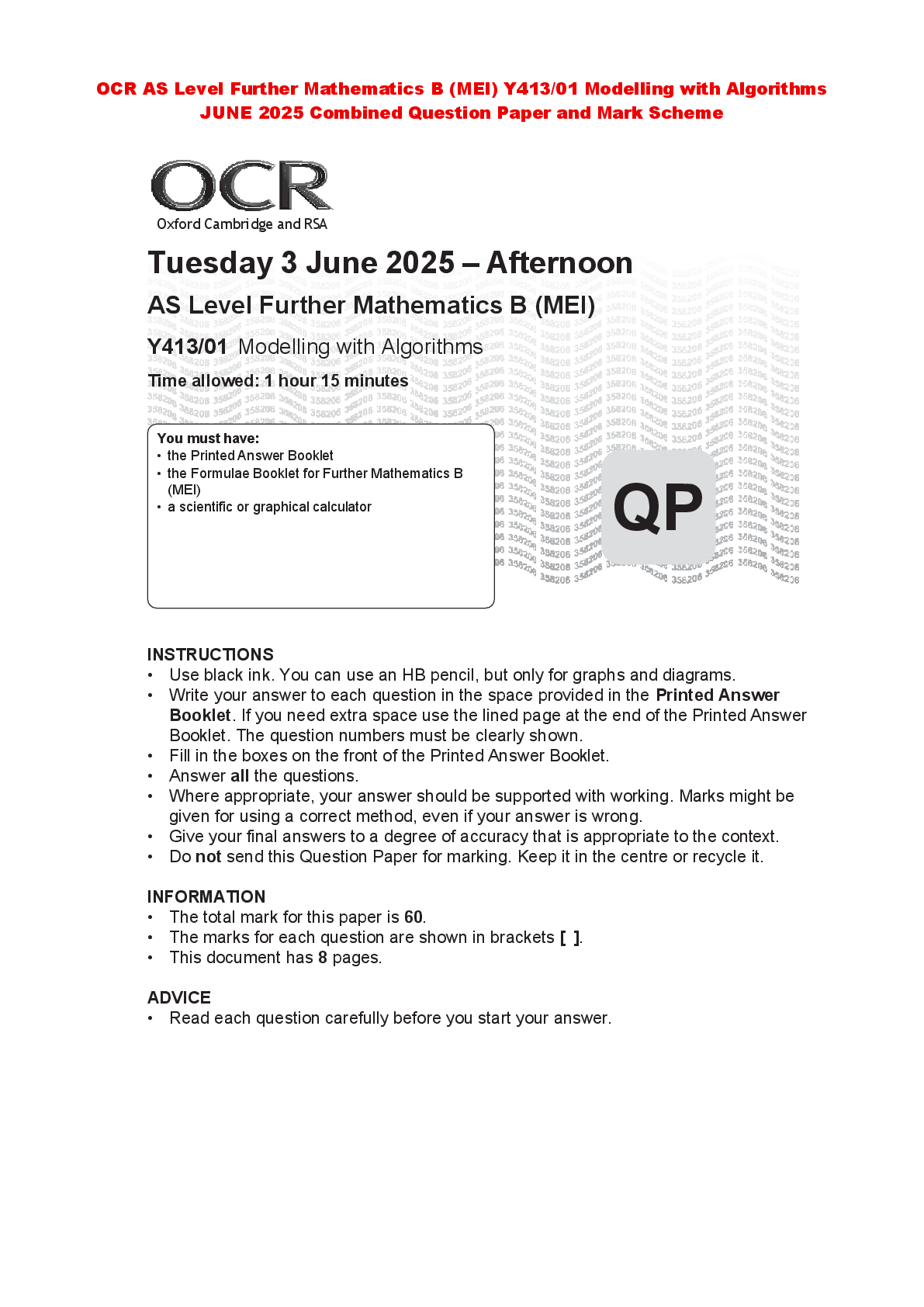 Preview of OCR AS Level Further Mathematics B (MEI) Y413/01 Modelling with Algorithms JUNE 2025 Combi