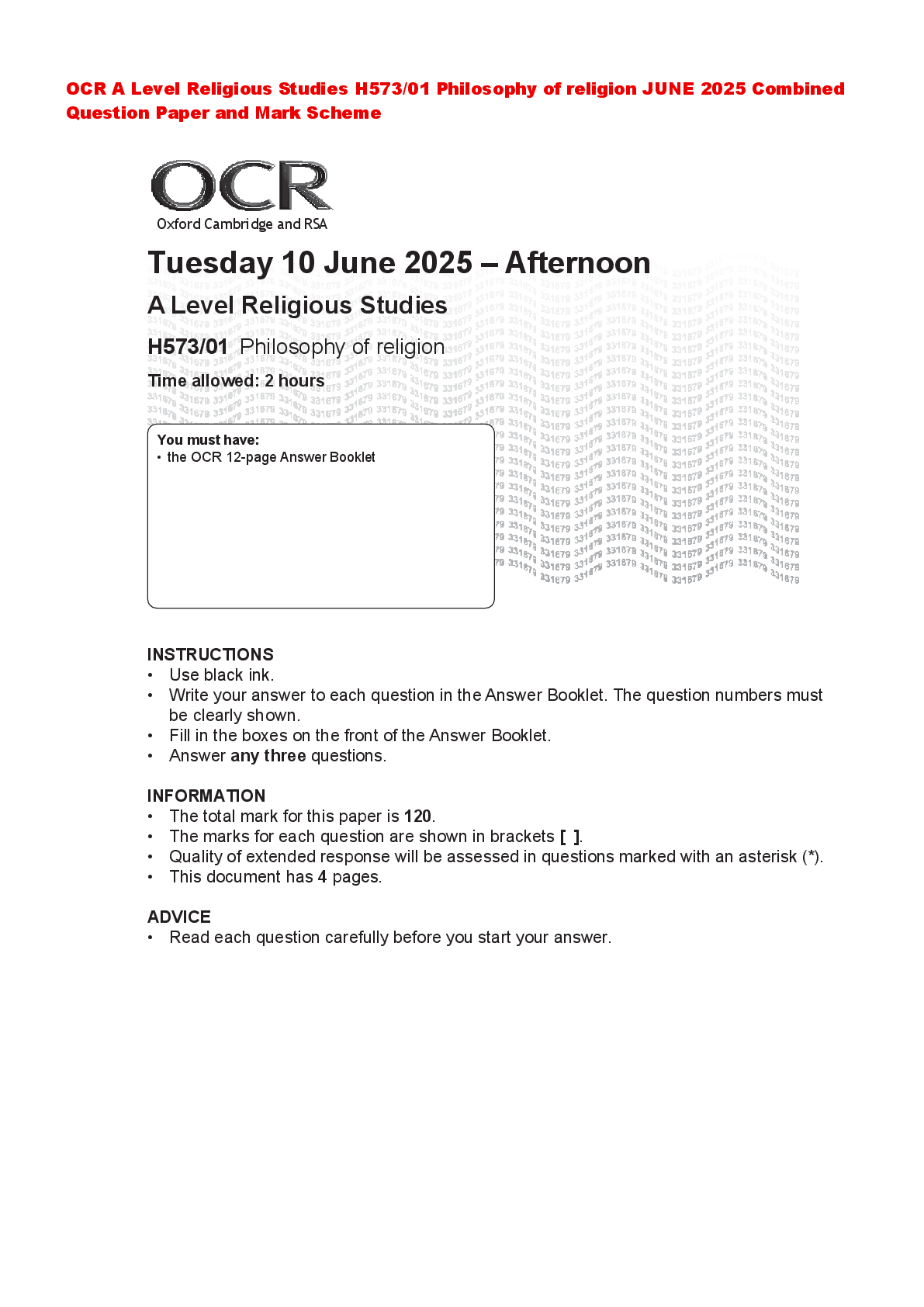 Recommended document preview for OCR A Level Religious Studies H573/01 Philosophy of religion JUNE 2025 Combined Question Paper and Mark Scheme