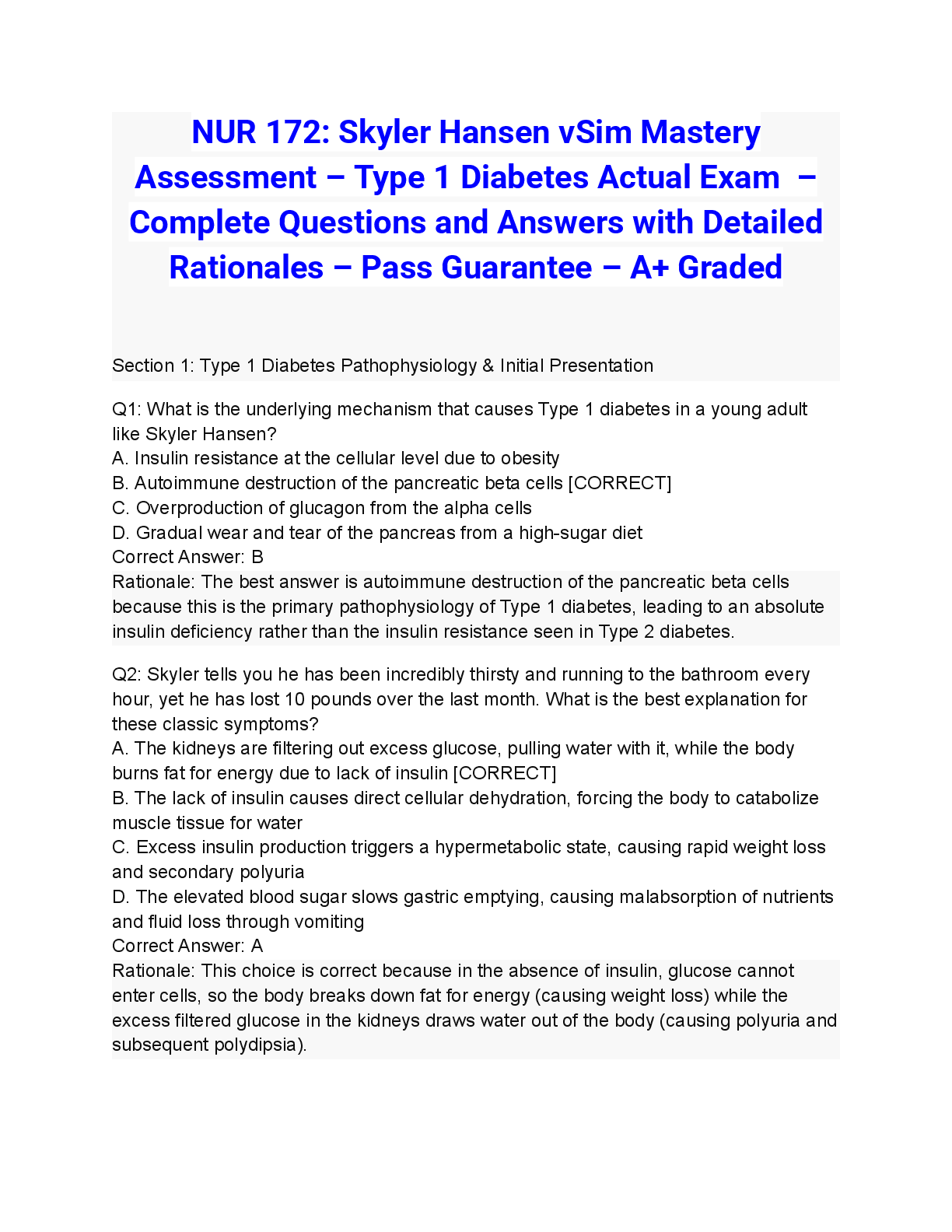 Preview of NUR 172: Skyler Hansen vSim Mastery Assessment – Type 1 Diabetes Actual Exam 2026/2027 – Complete Questions and Answers with Detailed Rationales – Pass Guarantee – A+ Graded