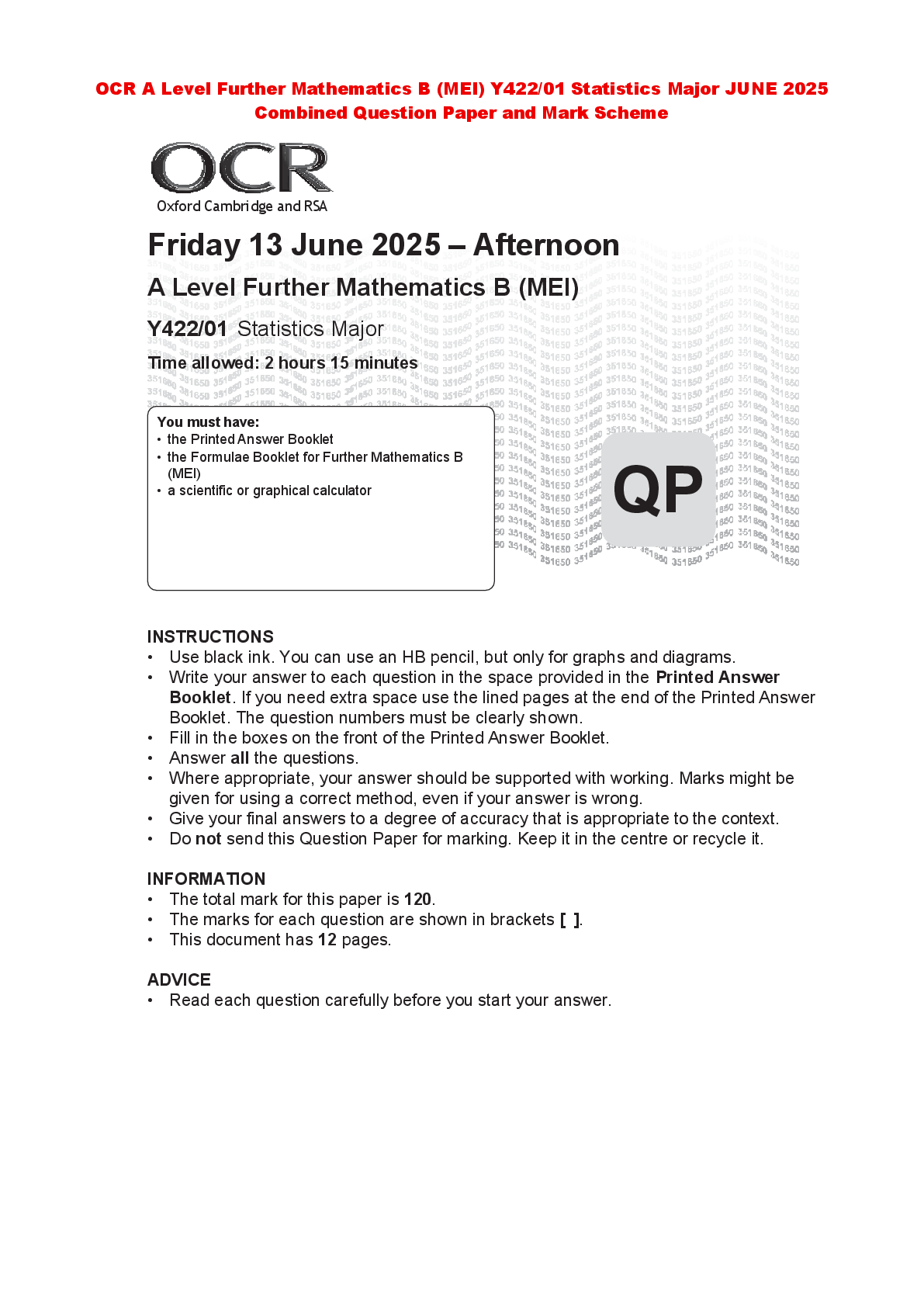 Preview of OCR A Level Further Mathematics B (MEI) Y422/01 Statistics Major JUNE 2025 Combined Questi