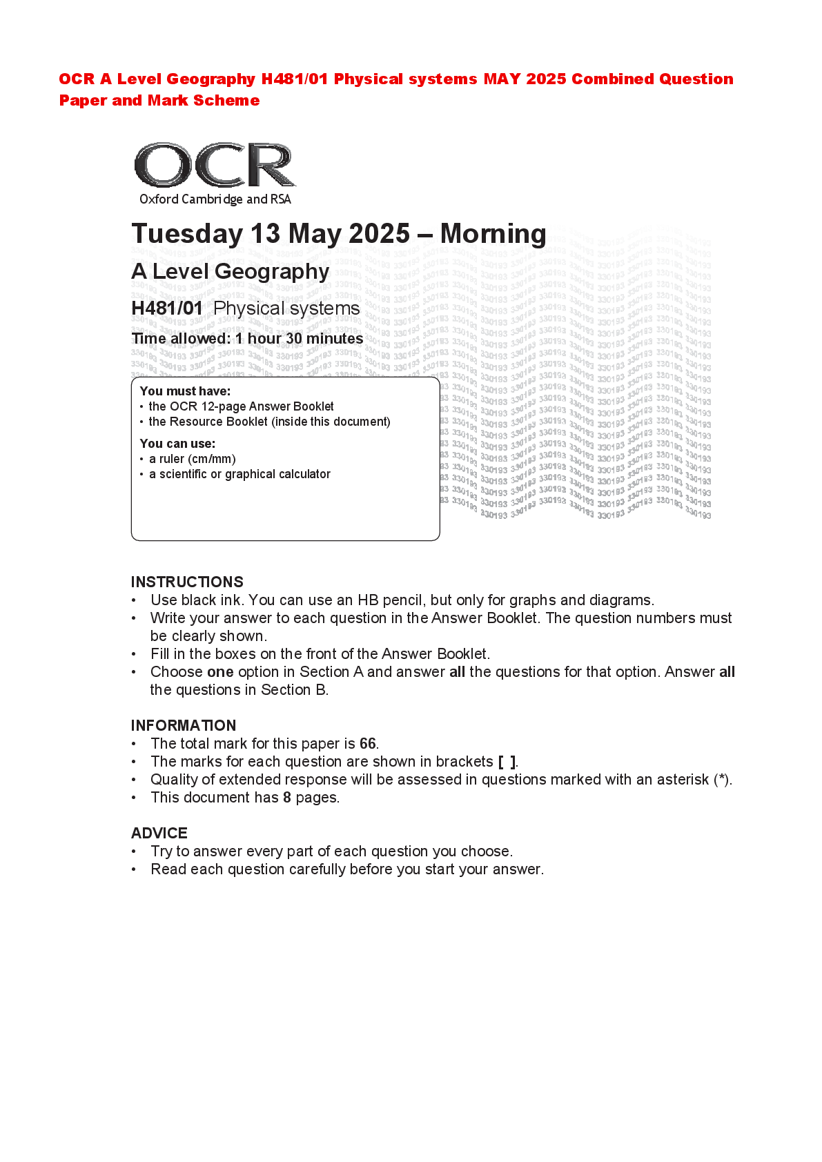Recommended document preview for OCR A Level Geography H481/01 Physical systems MAY 2025 Combined Question Paper and Mark Scheme