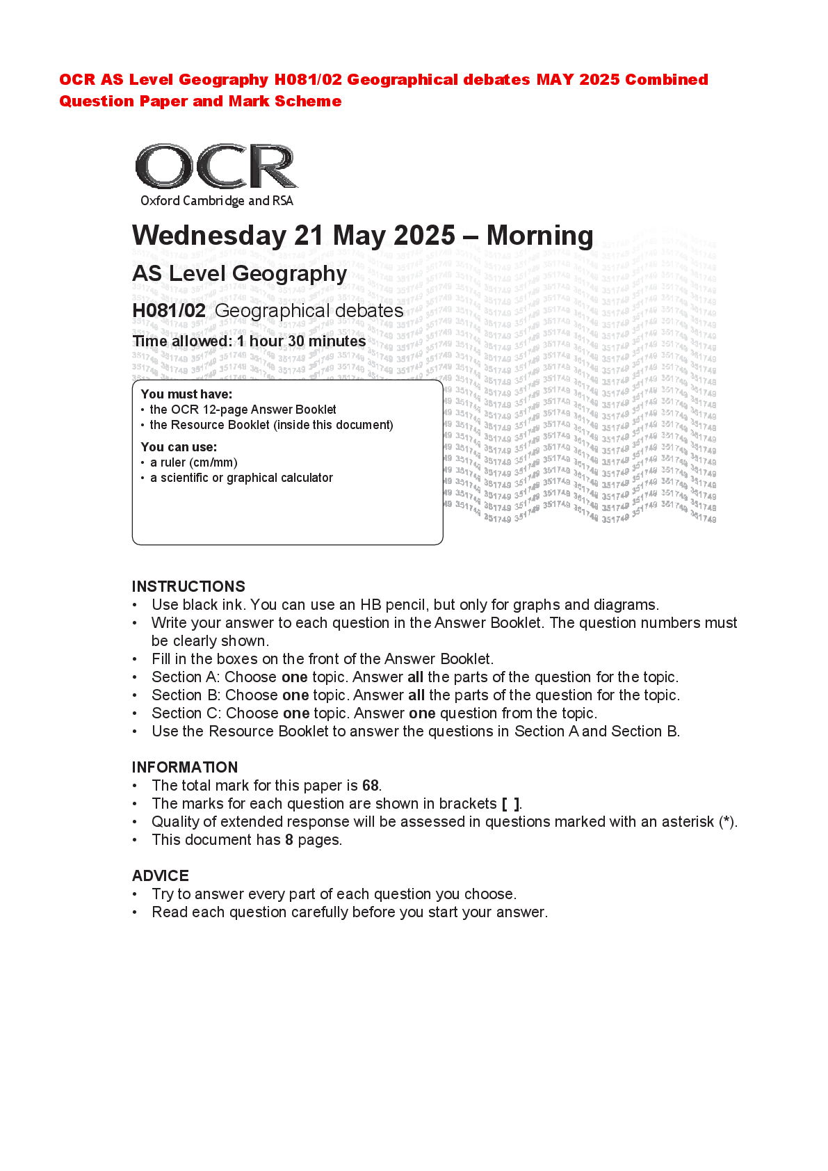 Recommended document preview for OCR AS Level Geography H081/02 Geographical debates MAY 2025 Combined Question Paper and Mark Scheme