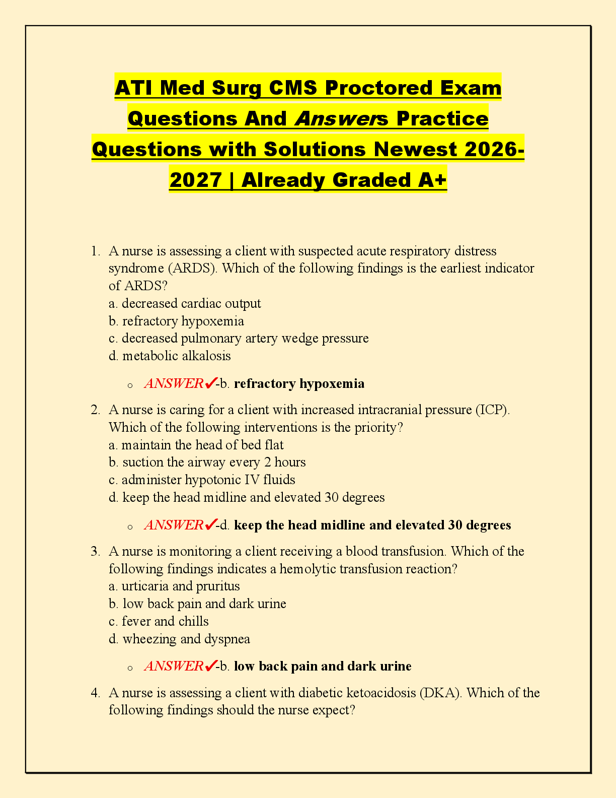 Preview of ATI Med Surg CMS Proctored Exam  Questions And Answers Practice  Questions with Solutions