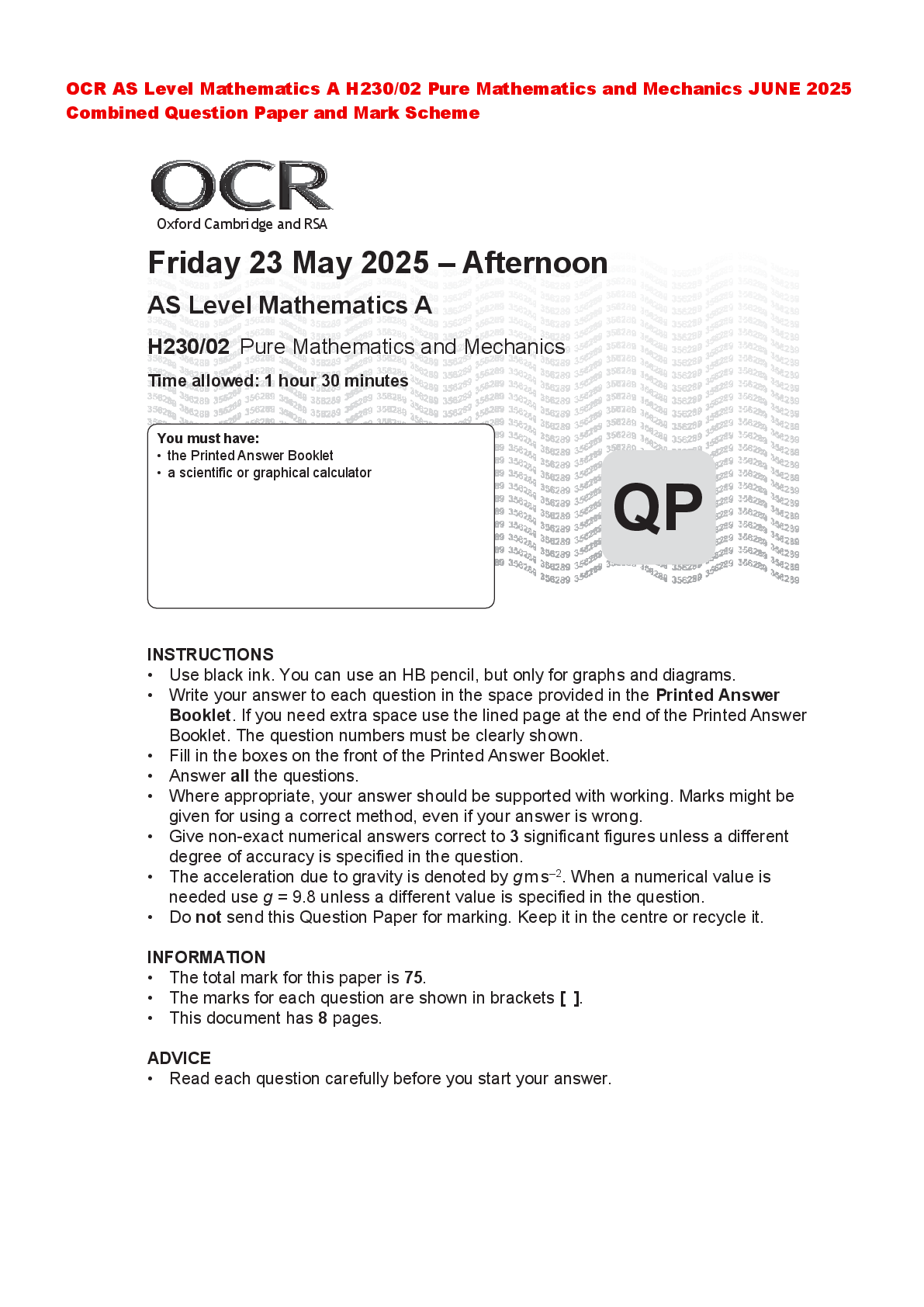 Preview of OCR AS Level Mathematics A H230/02 Pure Mathematics and Mechanics JUNE 2025 Combined Quest