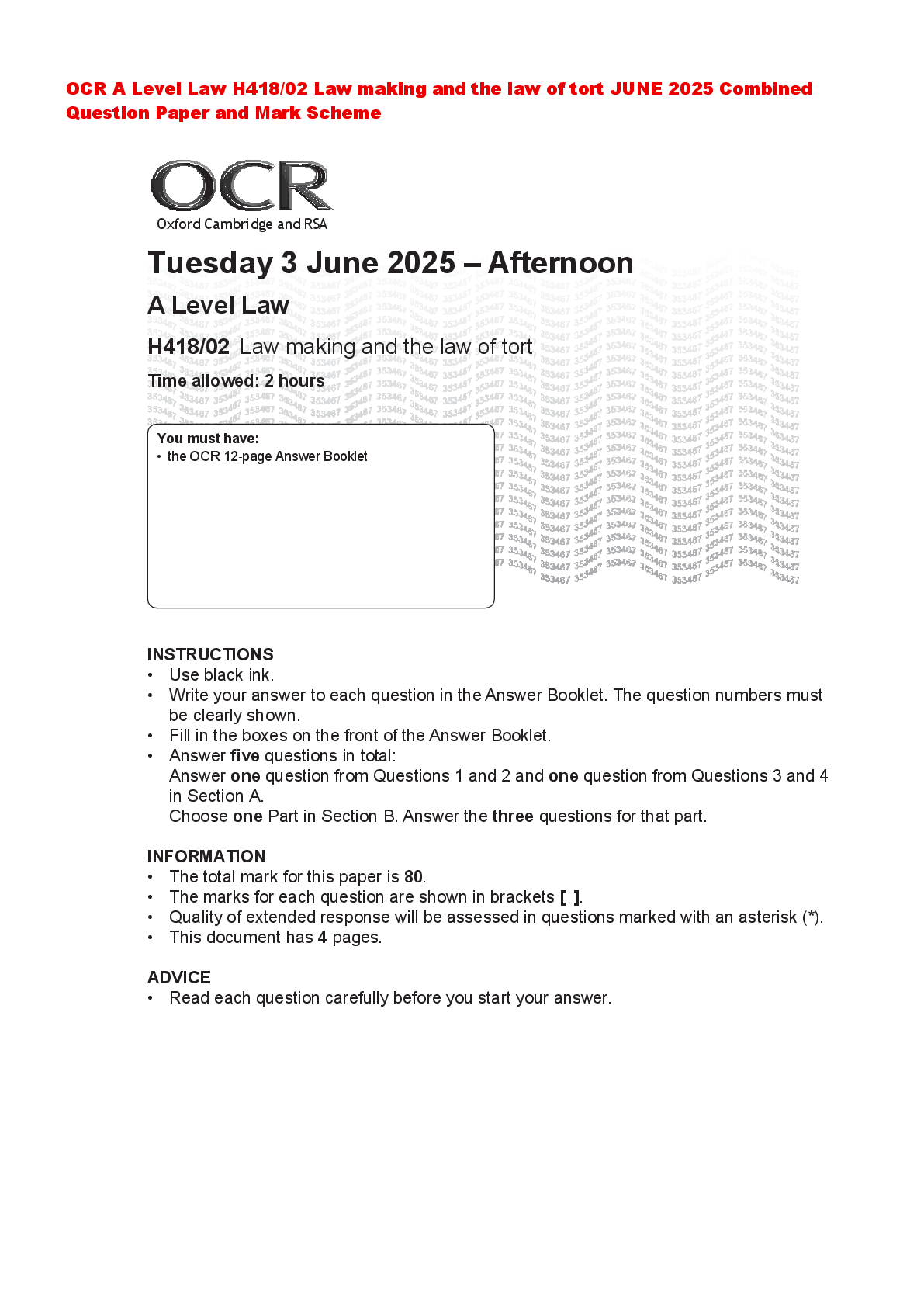 Recommended document preview for OCR A Level Law H418/02 Law making and the law of tort JUNE 2025 Combined Question Paper and Mark Scheme