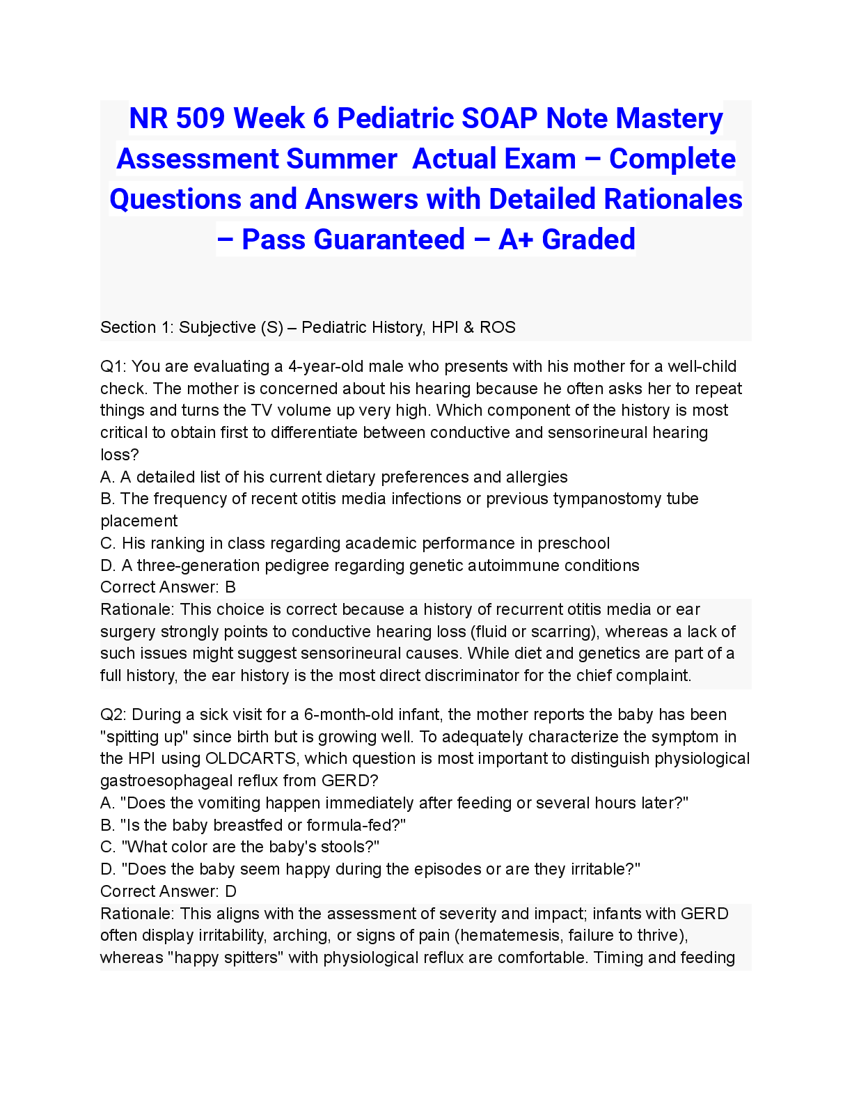 Preview of NR 509 Week 6 Pediatric SOAP Note Mastery Assessment Summer 2026/2027 Actual Exam – Complete Questions and Answers with Detailed Rationales – Pass Guaranteed – A+ Graded