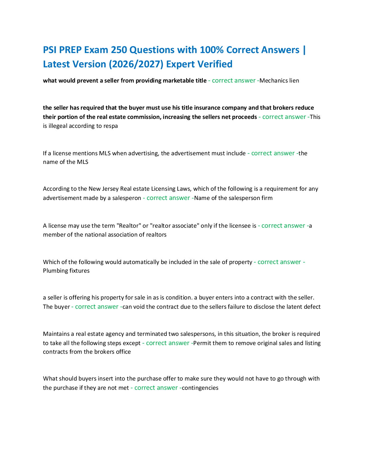 Preview of PSI PREP Exam 250 Questions with 100% Correct Answers |  Latest Version (2026/2027) Expert