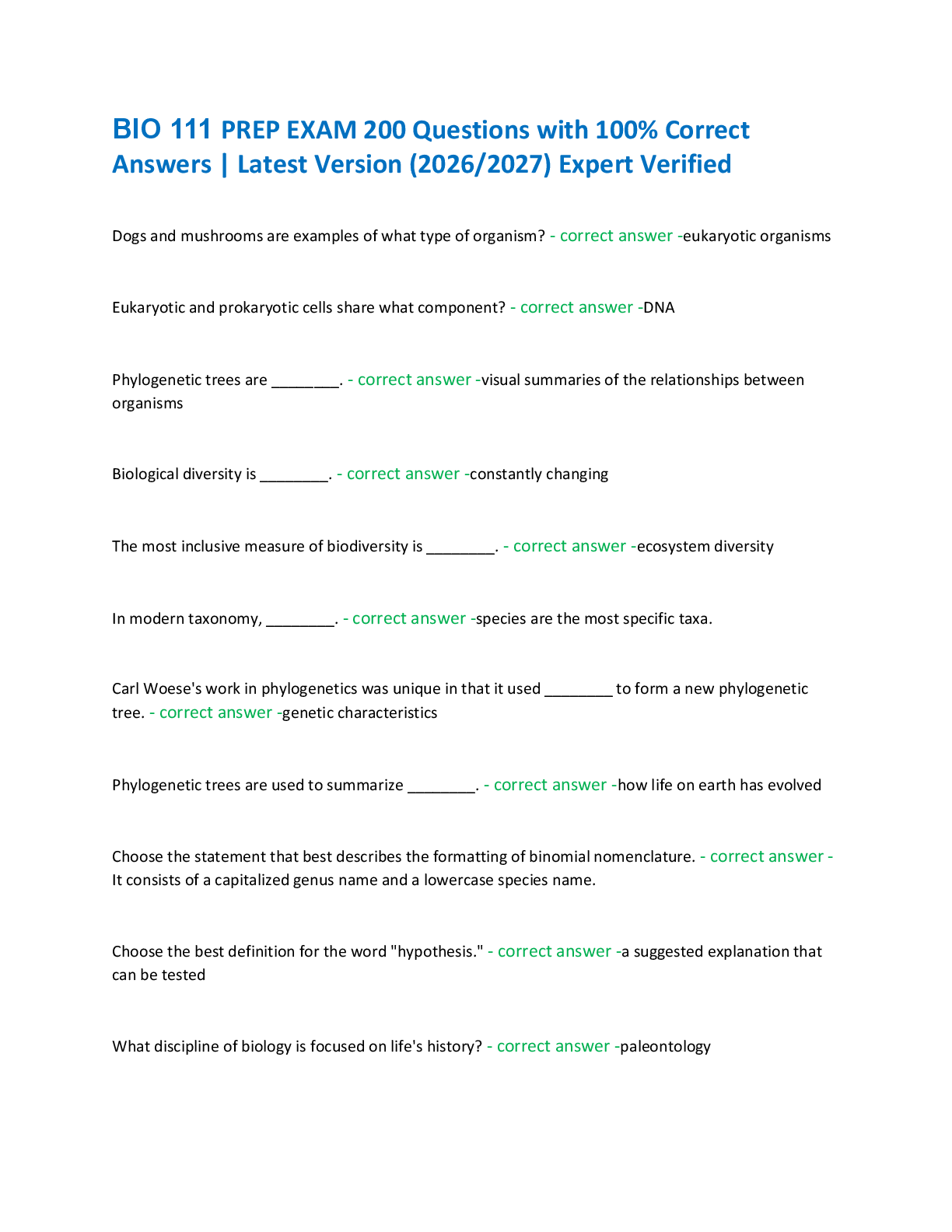 Recommended document preview for BIO 111 PREP EXAM 200 Questions with 100% Correct  Answers | Latest Version (2026/2027) Expert Verified