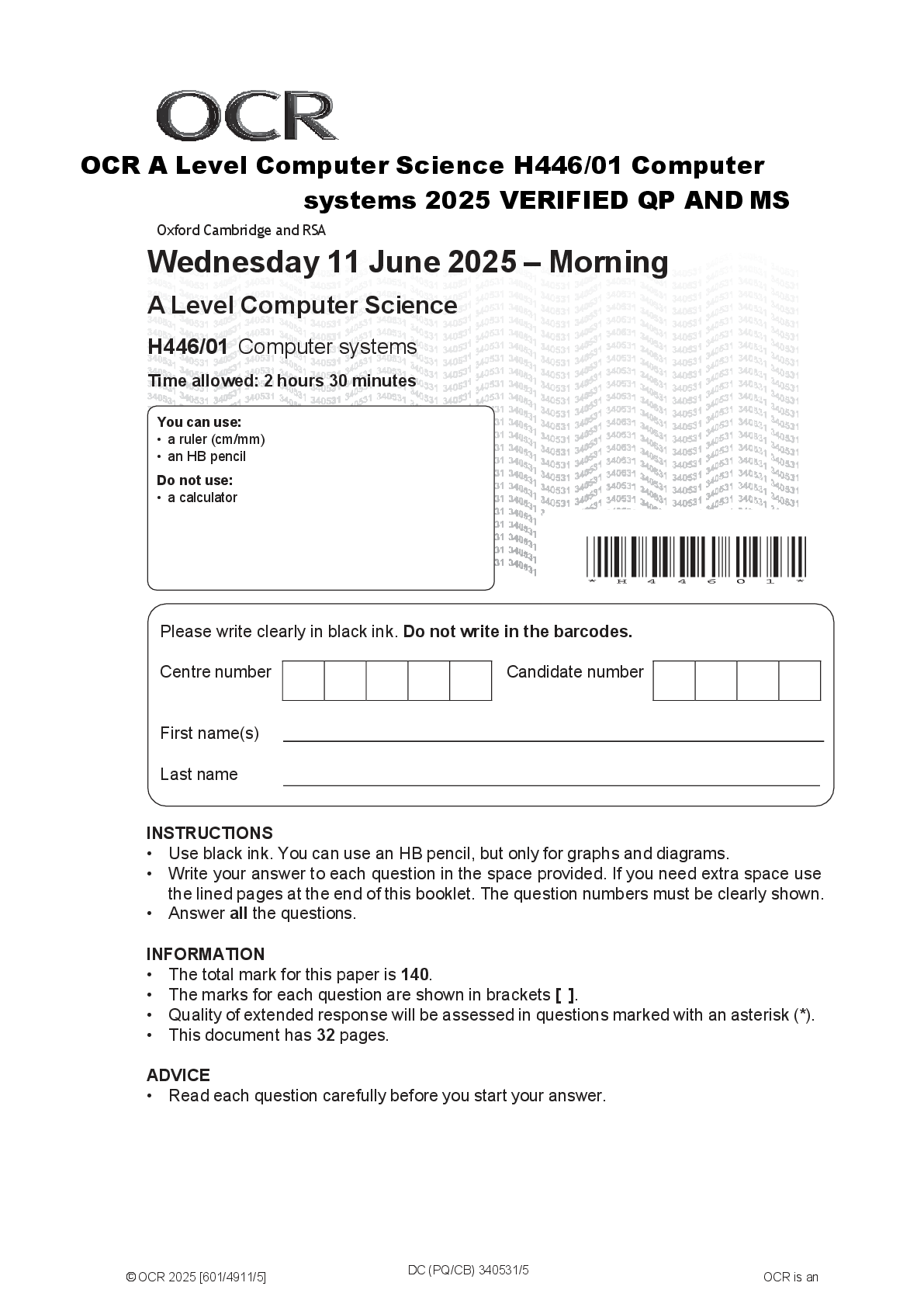 Preview of OCR A Level Computer Science H446/01 Computer  systems 2025 VERIFIED QP AND MS