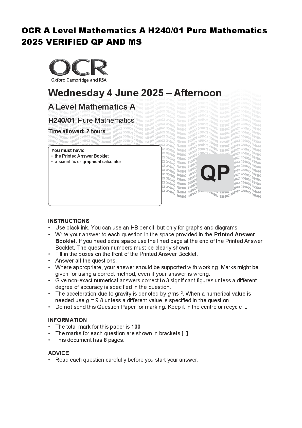 Preview of OCR A Level Mathematics A H240/01 Pure Mathematics   2025 VERIFIED QP AND MS