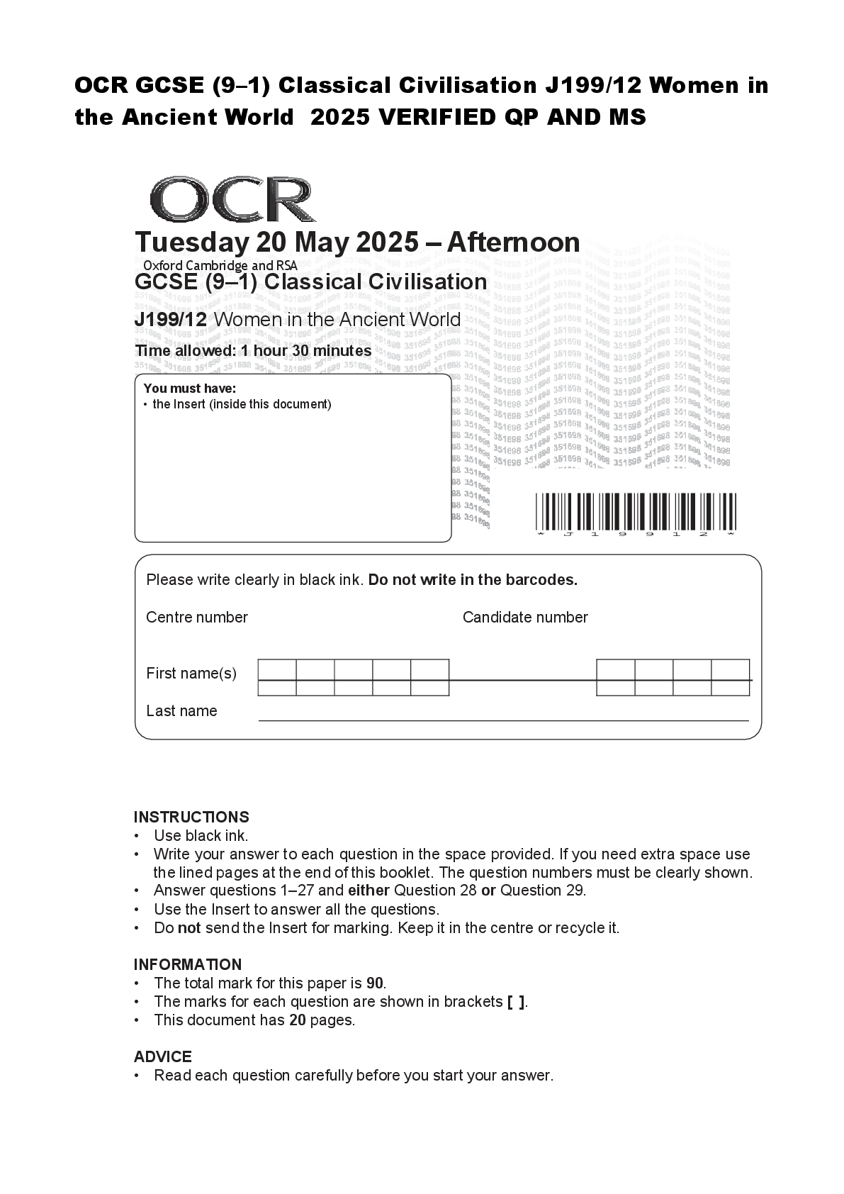 Recommended document preview for OCR GCSE (9–1) Classical Civilisation J199/12 Women in  the Ancient World  2025 VERIFIED QP AND MS