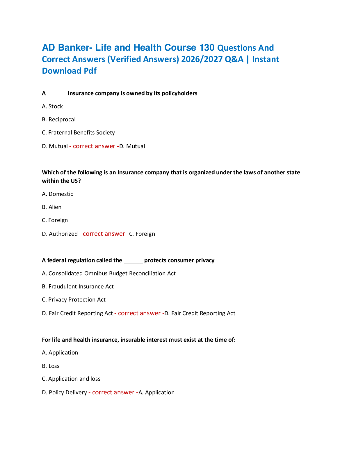 AD Banker- Life and Health Course 130 Questions And  Correct Answers (Verified Answers) 2026/2027 Q&A | Instant  Download Pdf