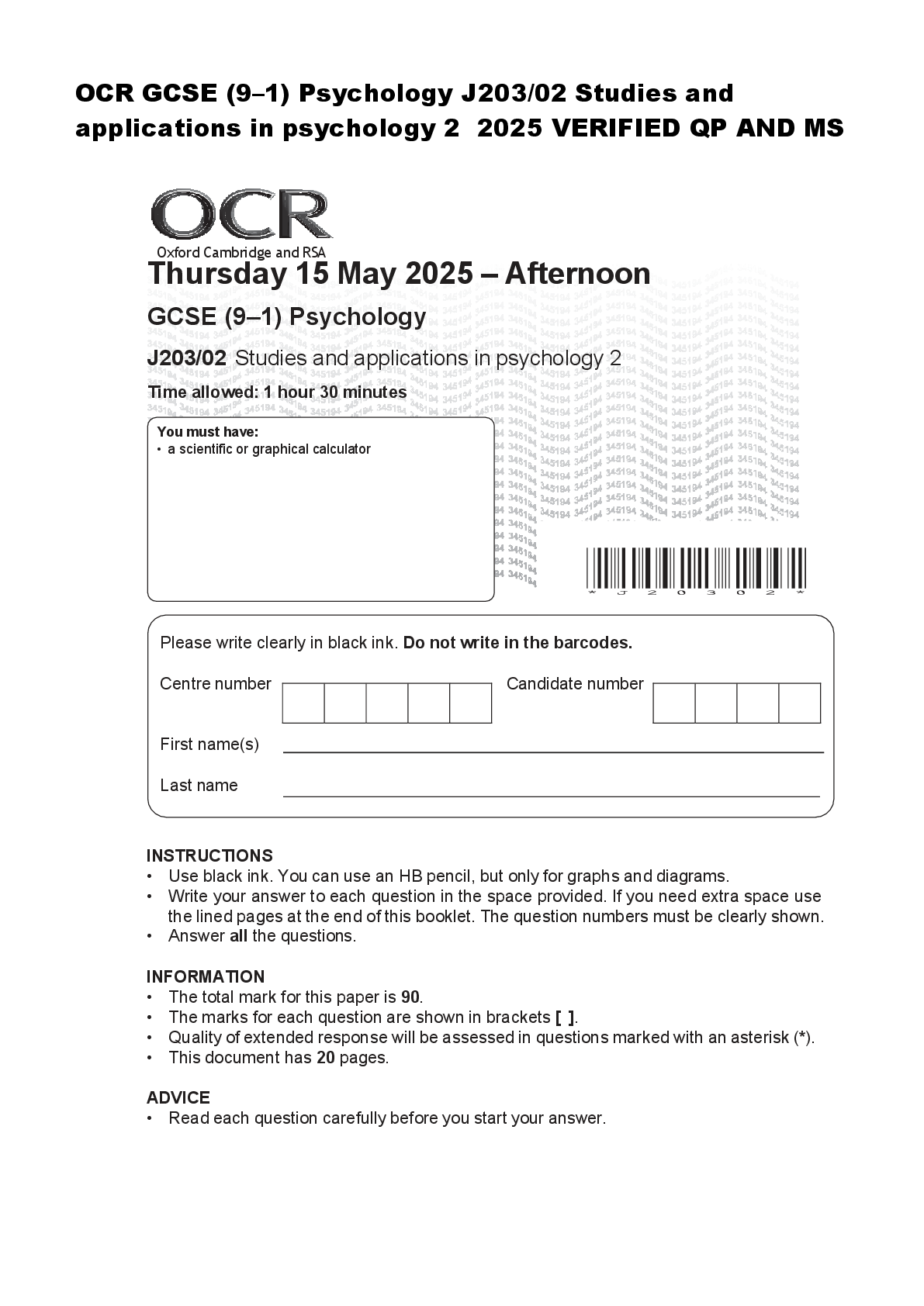 Preview image for OCR GCSE (9–1) Psychology J203/02 Studies and  applications in psychology 2  2025 VERIFIED QP AND MS