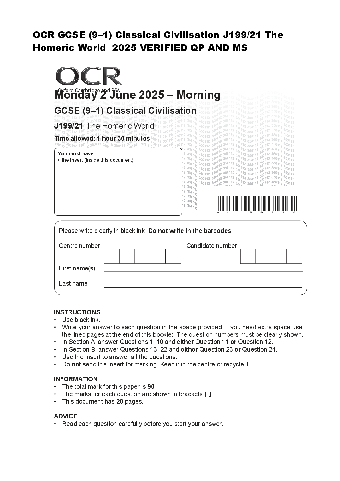 Recommended document preview for OCR GCSE (9–1) Classical Civilisation J199/21 The  Homeric World  2025 VERIFIED QP AND MS