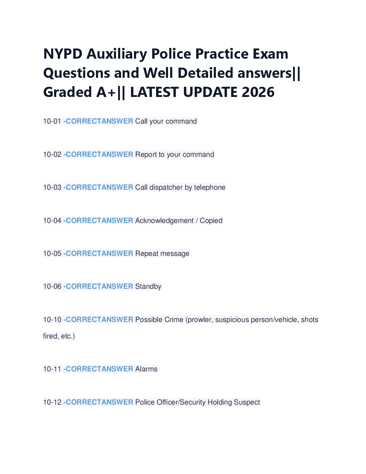 Recommended document preview for NYPD Auxiliary Police Practice Exam  Questions and Well Detailed answers||  Graded A+|| LATEST UPDATE 2026