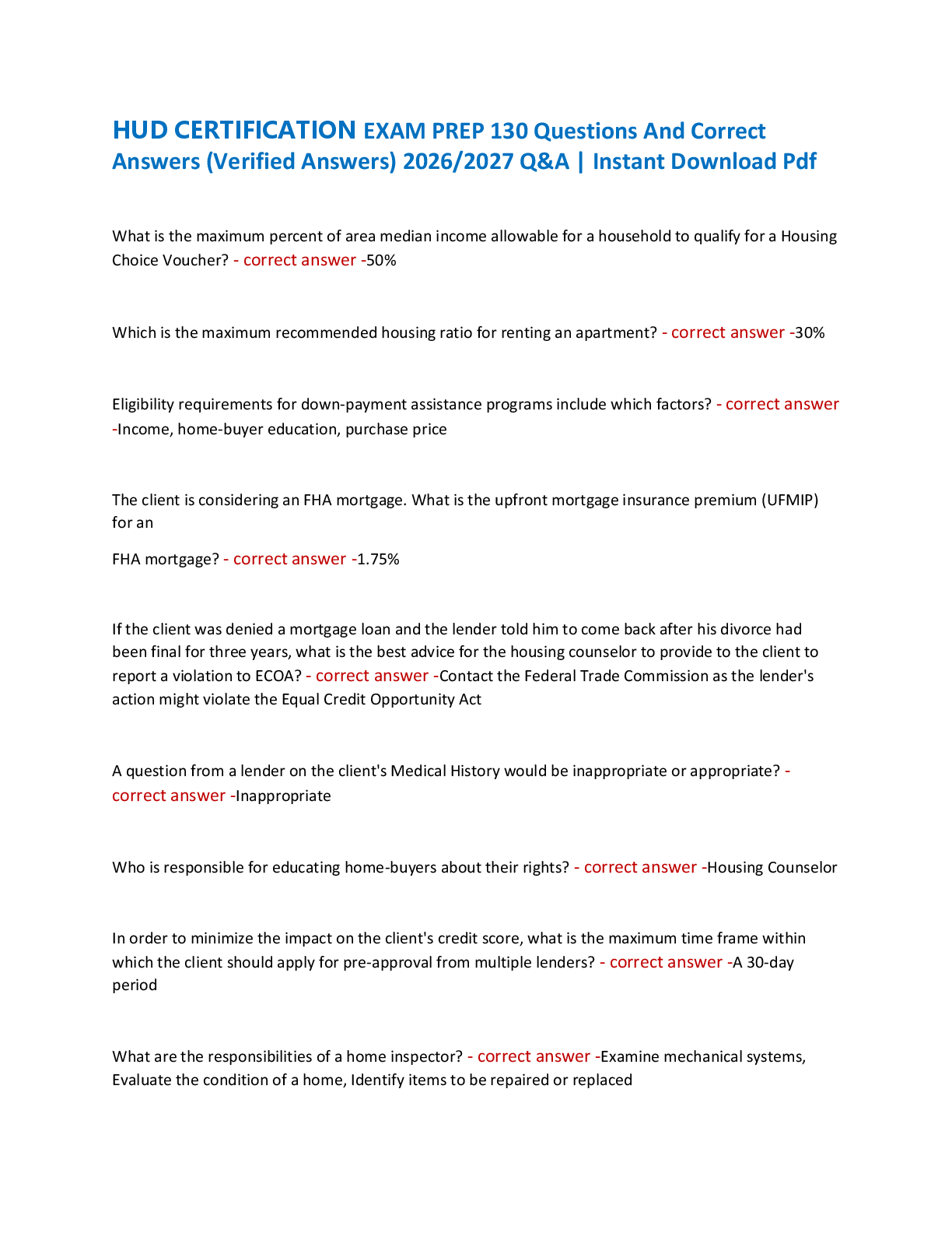 Recommended document preview for HUD CERTIFICATION EXAM PREP 130 Questions And Correct  Answers (Verified Answers) 2026/2027 Q&A | Instant Download Pdf