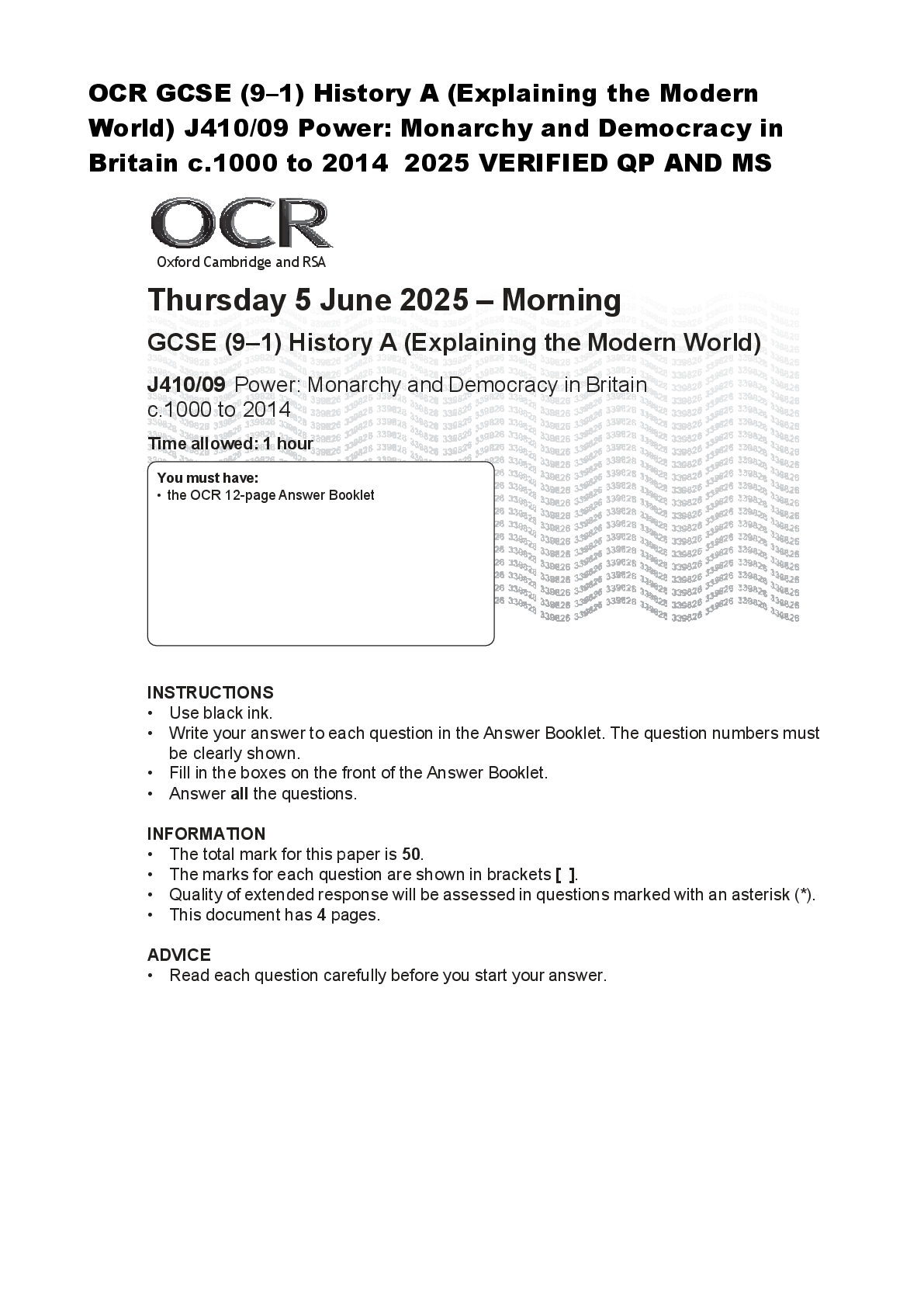 Recommended document preview for OCR GCSE (9–1) History A (Explaining the Modern  World) J410/09 Power: Monarchy and Democracy in  Britain c.1000 to 2014  2025 VERIFIED QP AND MS