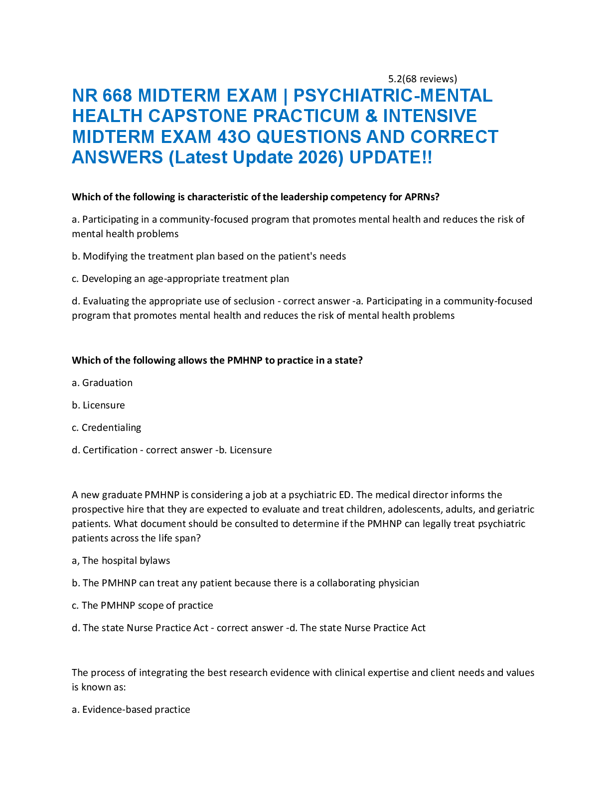 Recommended document preview for NR 668 MIDTERM EXAM | PSYCHIATRIC-MENTAL  HEALTH CAPSTONE PRACTICUM & INTENSIVE  MIDTERM EXAM 43O QUESTIONS AND CORRECT  ANSWERS (Latest Update 2026) UPDATE!!