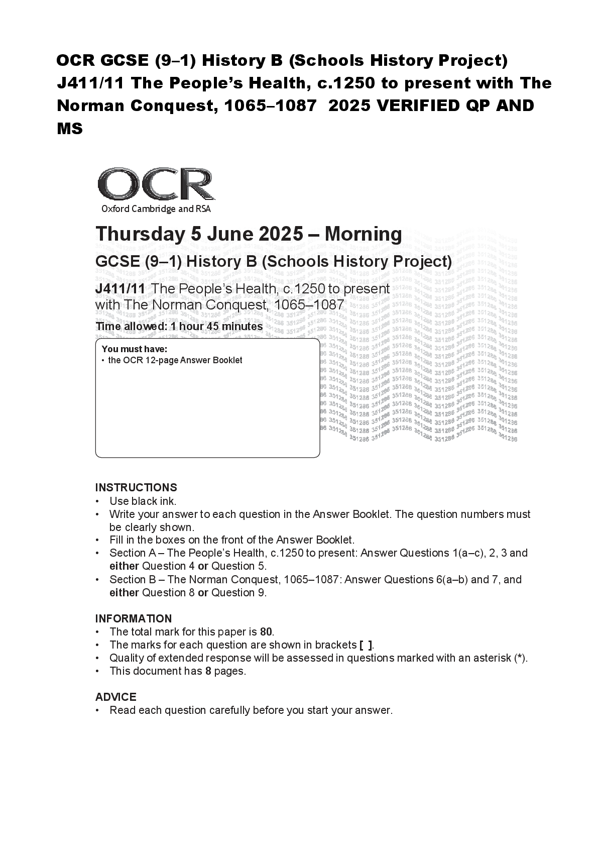 Recommended document preview for OCR GCSE (9–1) History B (Schools History Project)  J411/11 The People’s Health, c.1250 to present with The  Norman Conquest, 1065–1087  2025 VERIFIED QP AND  MS