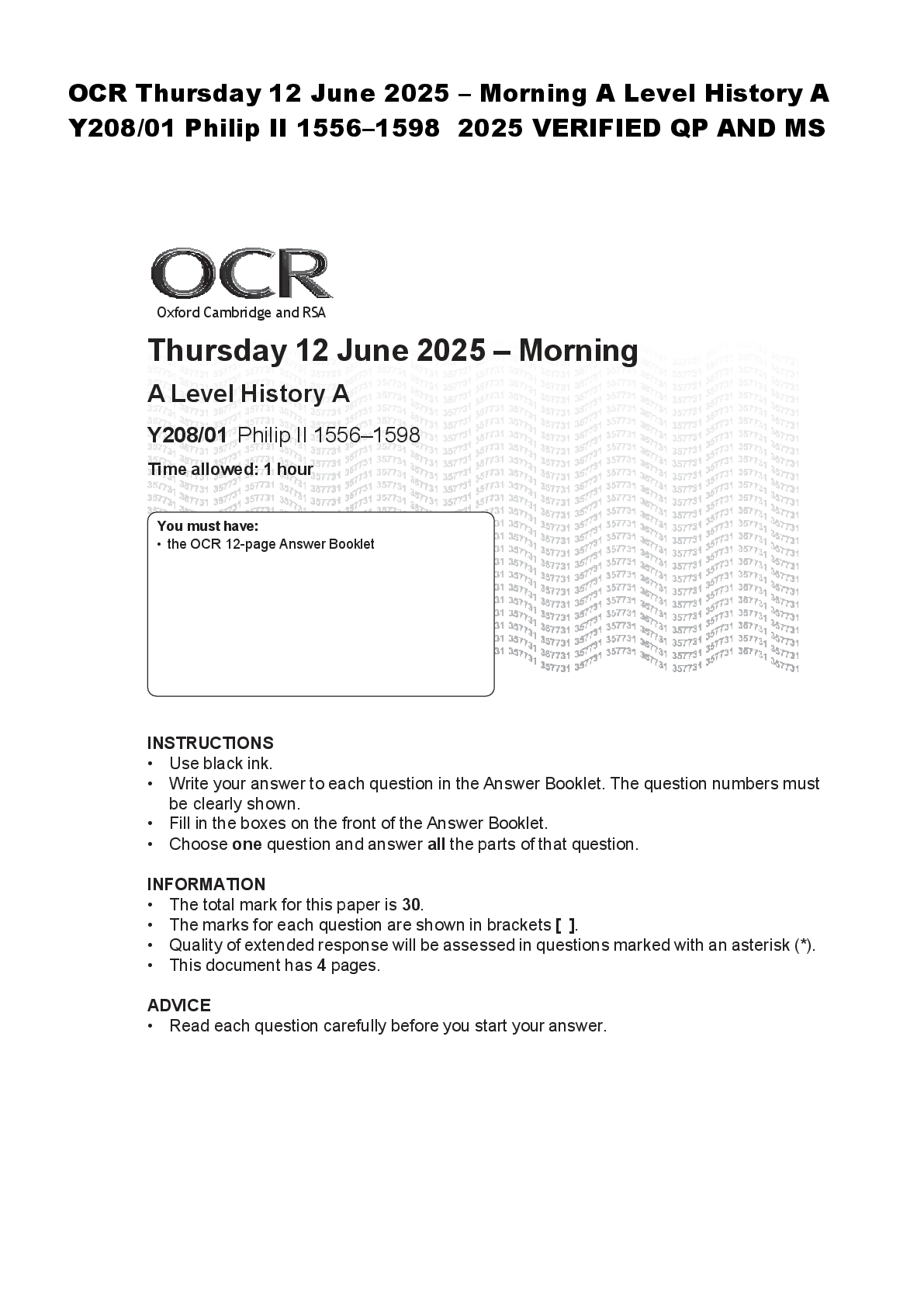 Recommended document preview for OCR Thursday 12 June 2025 – Morning A Level History A  Y208/01 Philip II 1556–1598  2025 VERIFIED QP AND MS