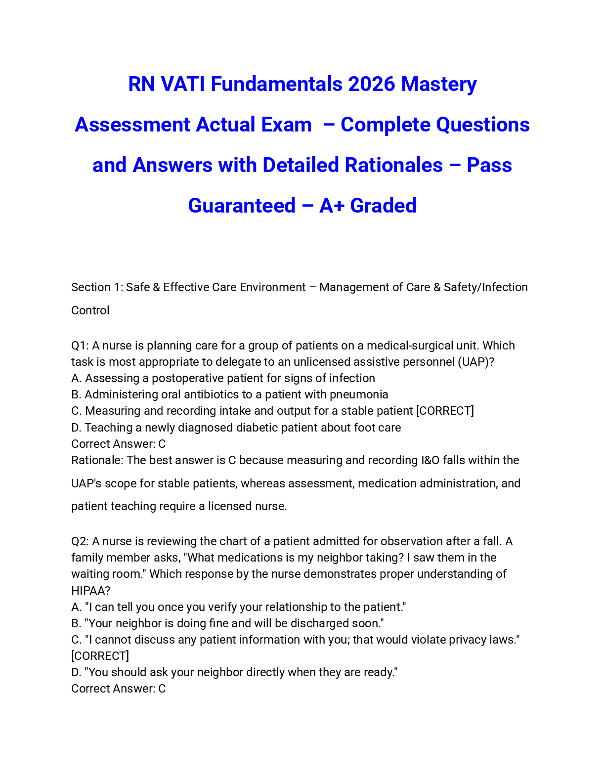 Preview of RN VATI Fundamentals 2026 Mastery Assessment Actual Exam 2026/2027 – Complete Questions and Answers with Detailed Rationales – Pass Guaranteed – A+ Graded
